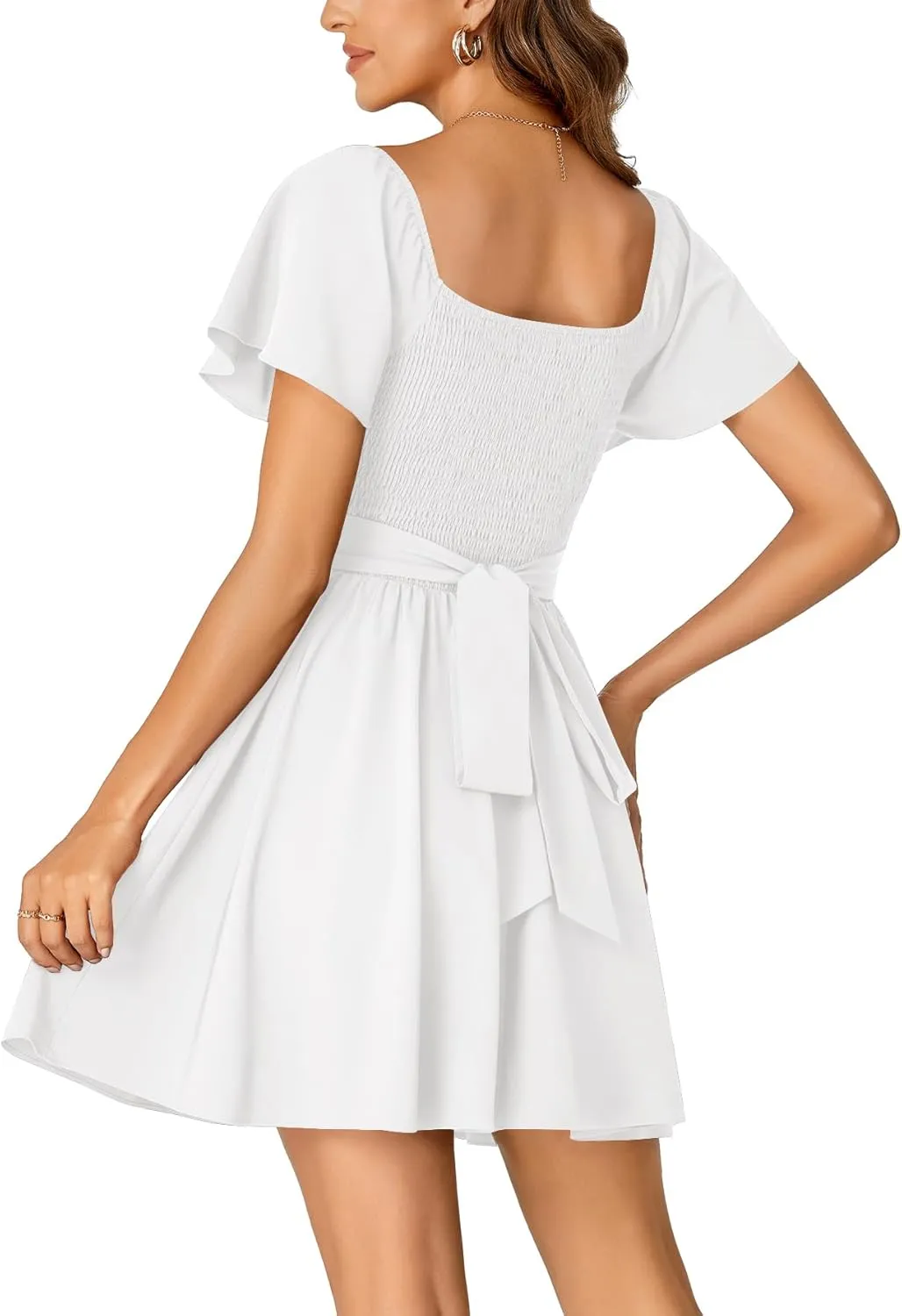 Rooscier Women's Tie Back Square Neck Wrap Ruffle Short Sleeve Flare Mini Dress