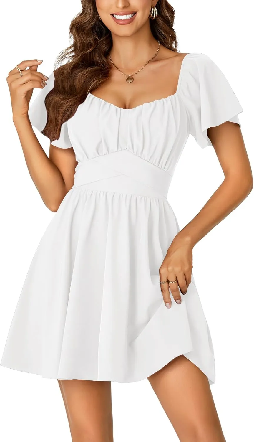 Rooscier Women's Tie Back Square Neck Wrap Ruffle Short Sleeve Flare Mini Dress