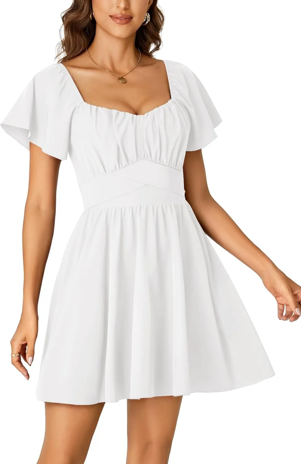 Rooscier Women's Tie Back Square Neck Wrap Ruffle Short Sleeve Flare Mini Dress
