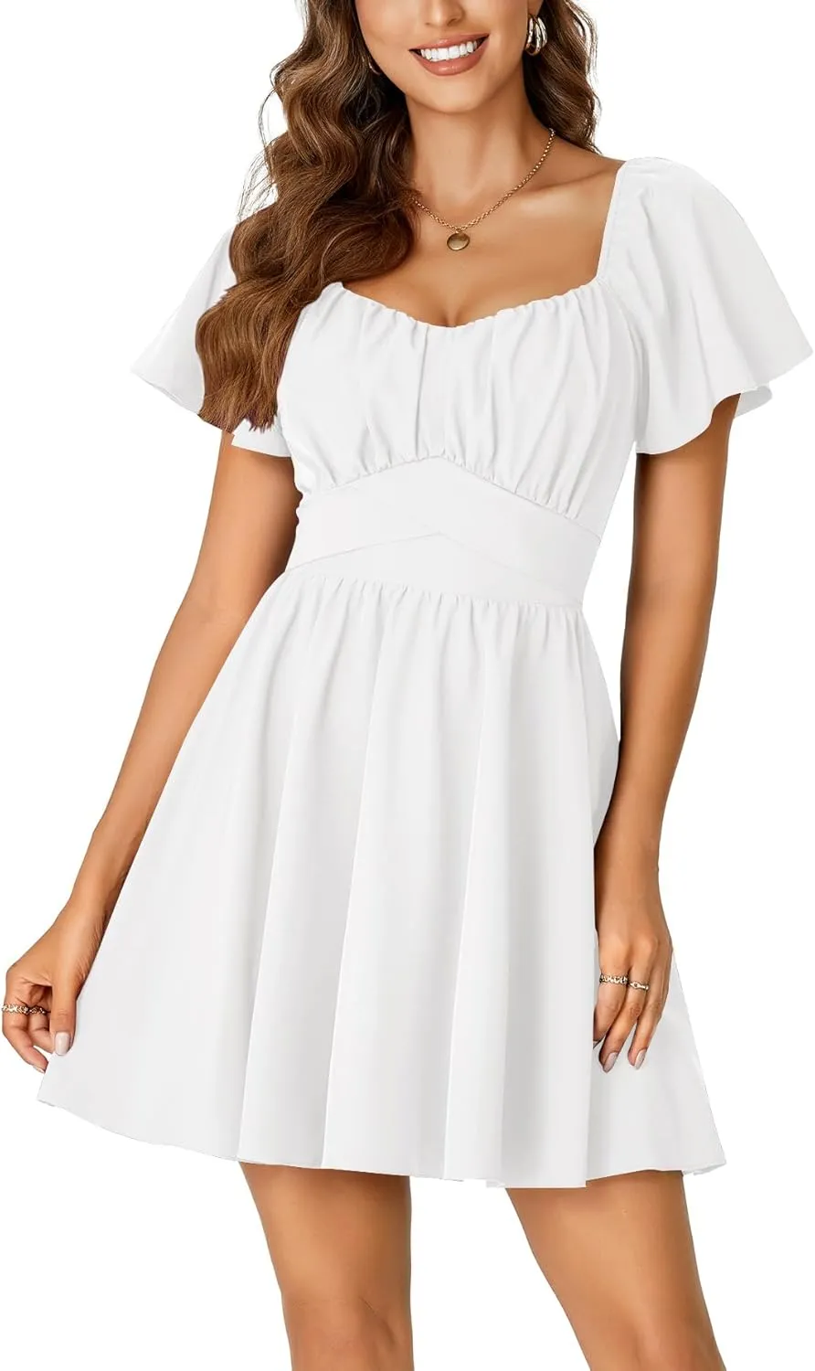 Rooscier Women's Tie Back Square Neck Wrap Ruffle Short Sleeve Flare Mini Dress