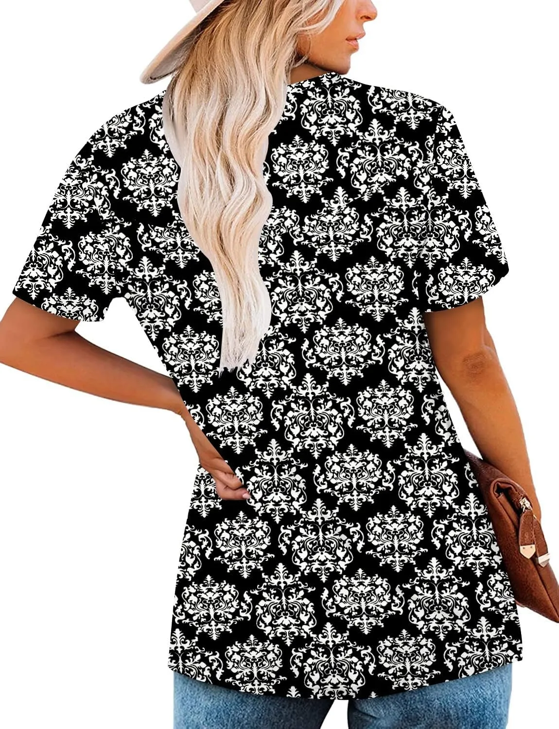 ROSELINLIN Women's Short Sleeve Shirts Floral Summer Tops Loose Fit for Leggings