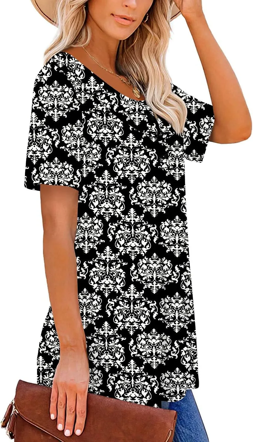 ROSELINLIN Women's Short Sleeve Shirts Floral Summer Tops Loose Fit for Leggings