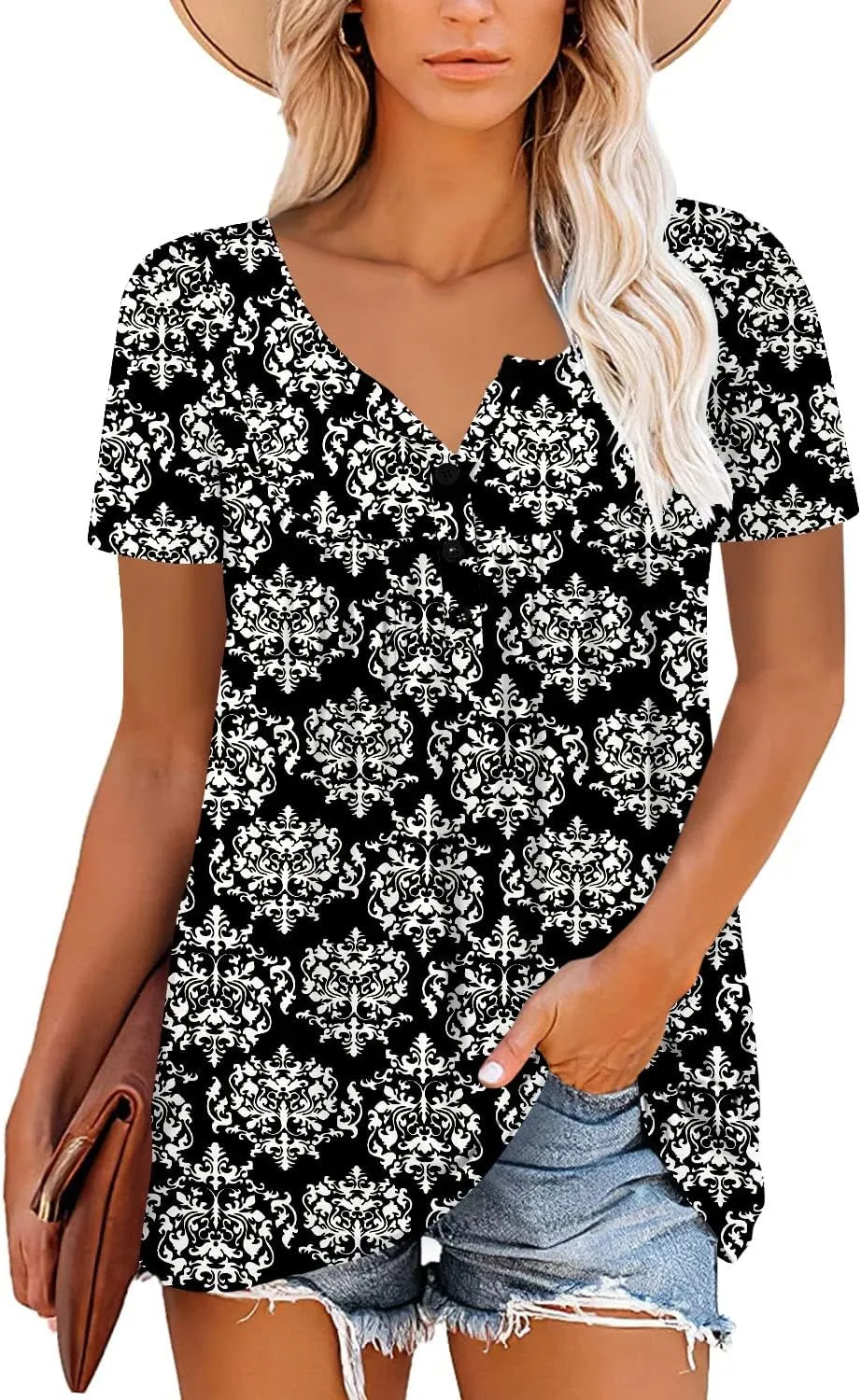 ROSELINLIN Women's Short Sleeve Shirts Floral Summer Tops Loose Fit for Leggings