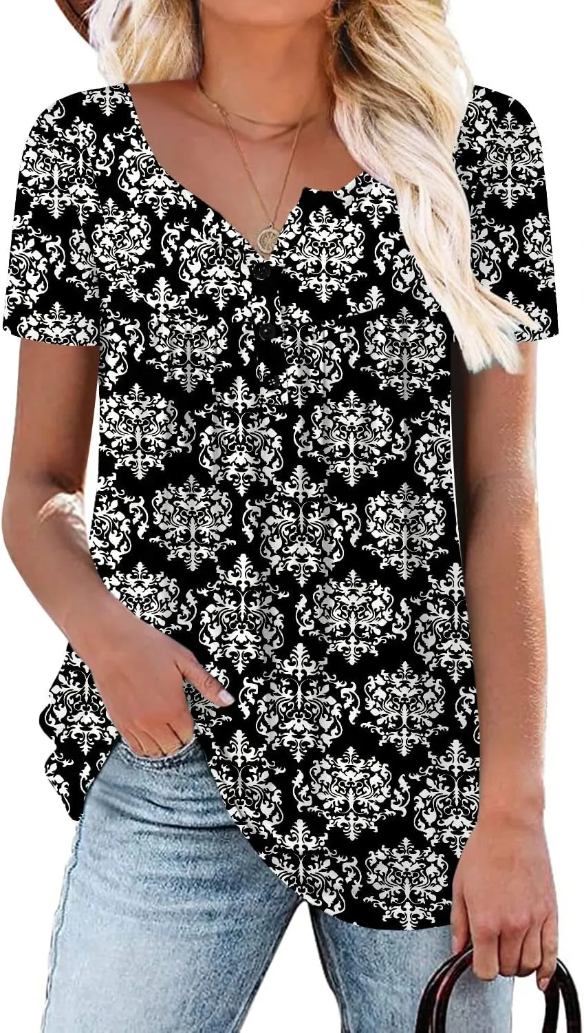 ROSELINLIN Women's Short Sleeve Shirts Floral Summer Tops Loose Fit for Leggings