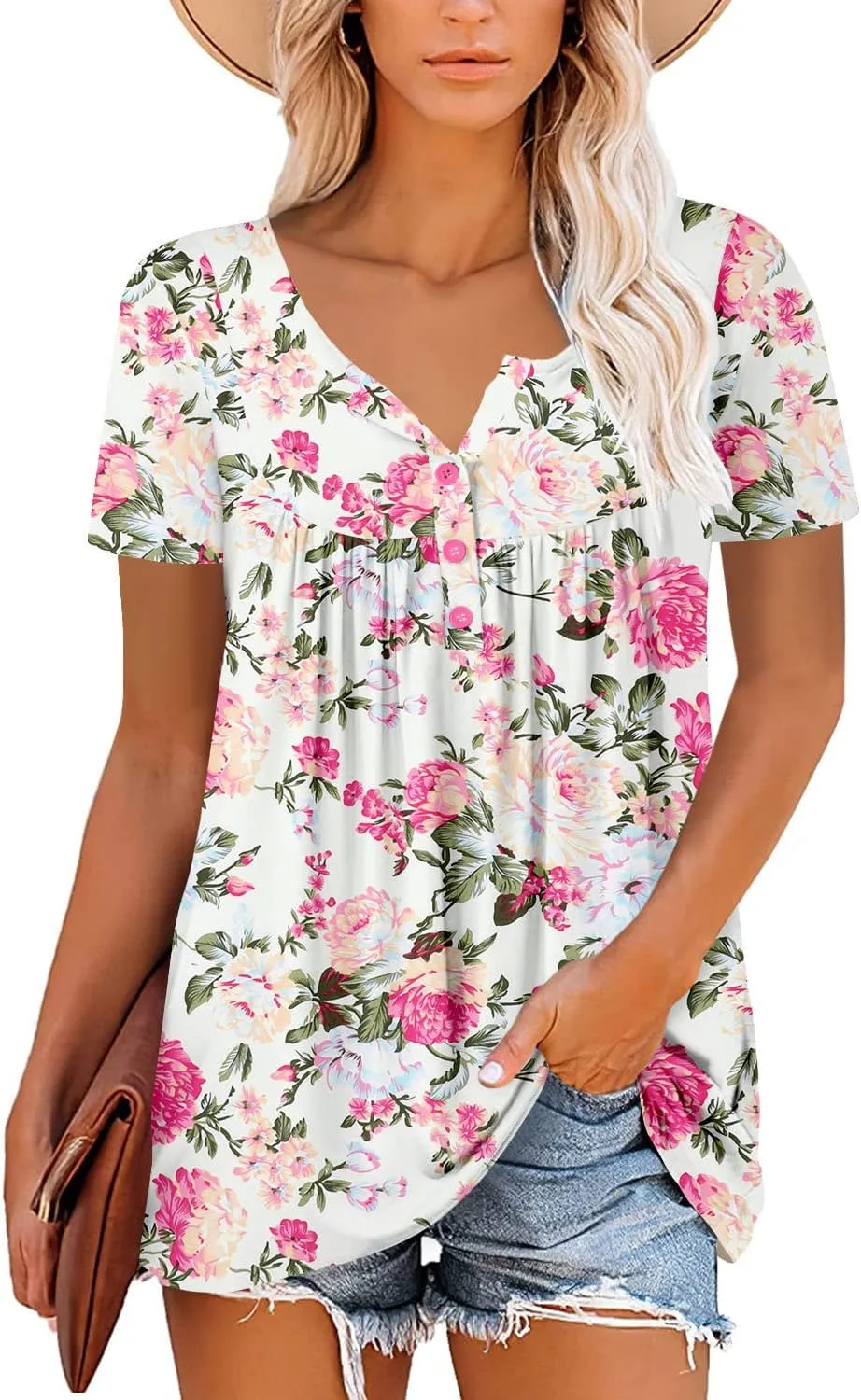 ROSELINLIN Women's Short Sleeve Shirts Floral Summer Tops Loose Fit for Leggings