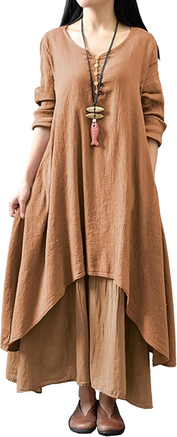 R.Vivimos Women Long Sleeve Cotton Casual Loose Plus Size Irregular Long Dresses