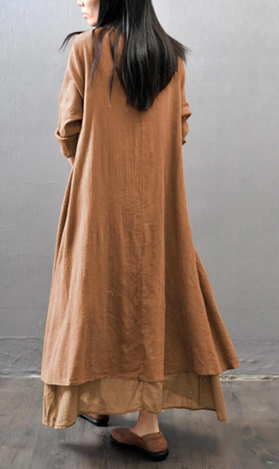 R.Vivimos Women Long Sleeve Cotton Casual Loose Plus Size Irregular Long Dresses