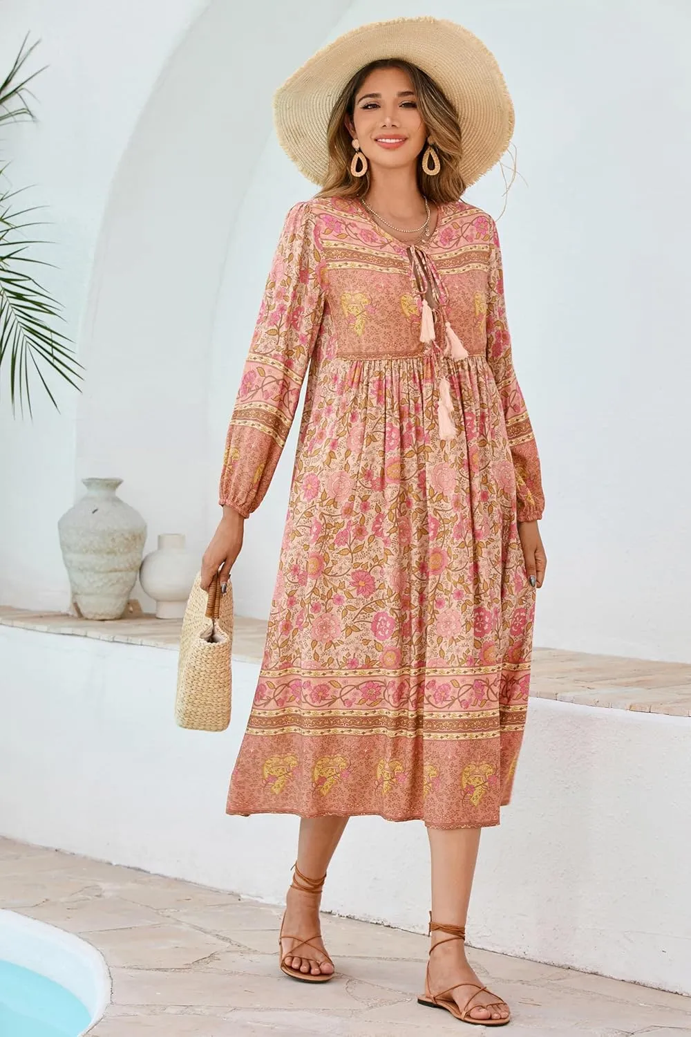 R.Vivimos Women's Long Sleeve Floral Print Retro V Neck Tassel Bohemian Midi Dresses