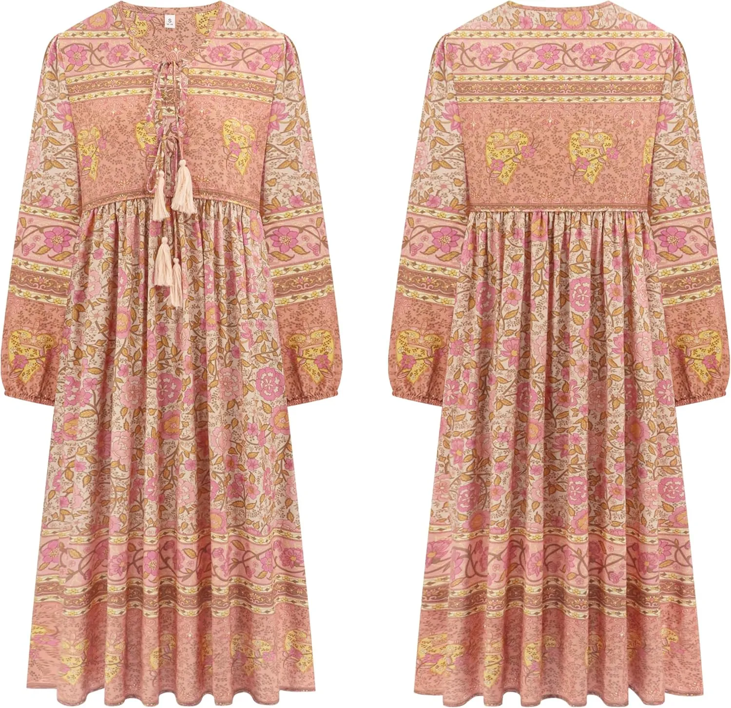 R.Vivimos Women's Long Sleeve Floral Print Retro V Neck Tassel Bohemian Midi Dresses