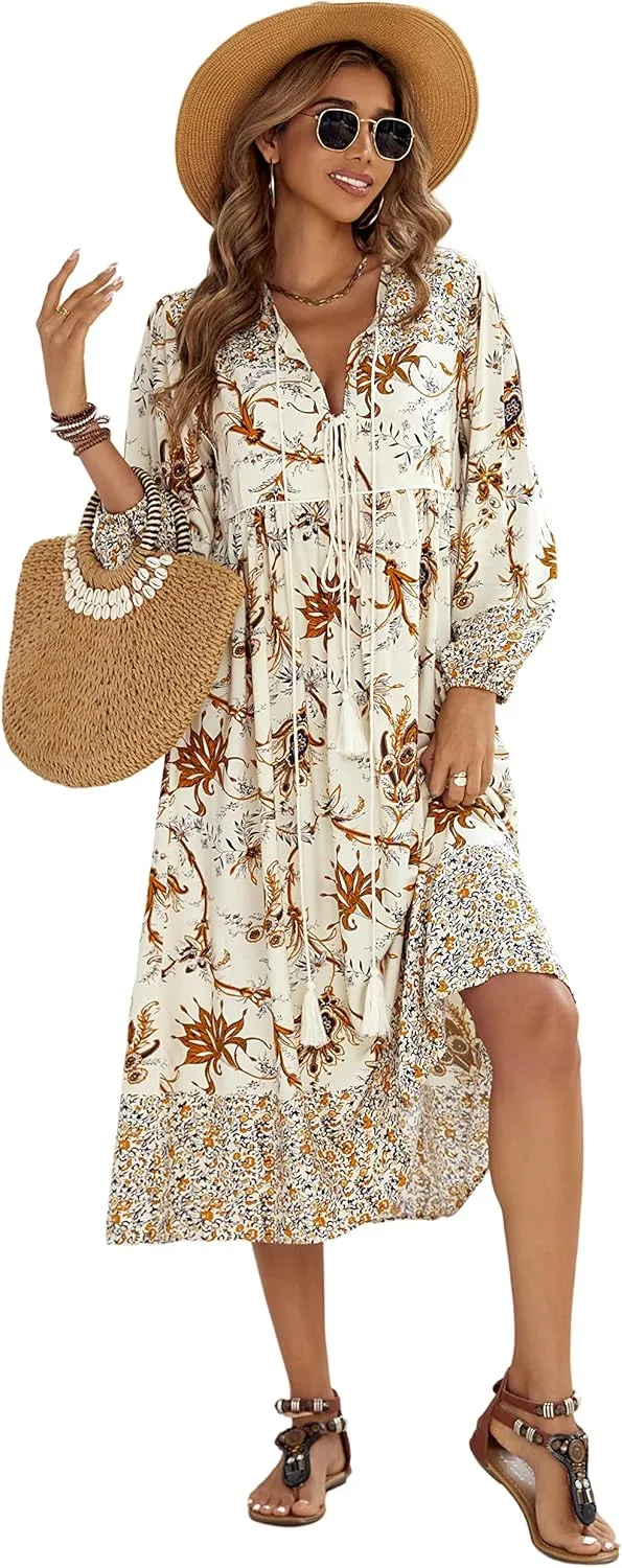 R.Vivimos Women's Long Sleeve Floral Print Retro V Neck Tassel Bohemian Midi Dresses