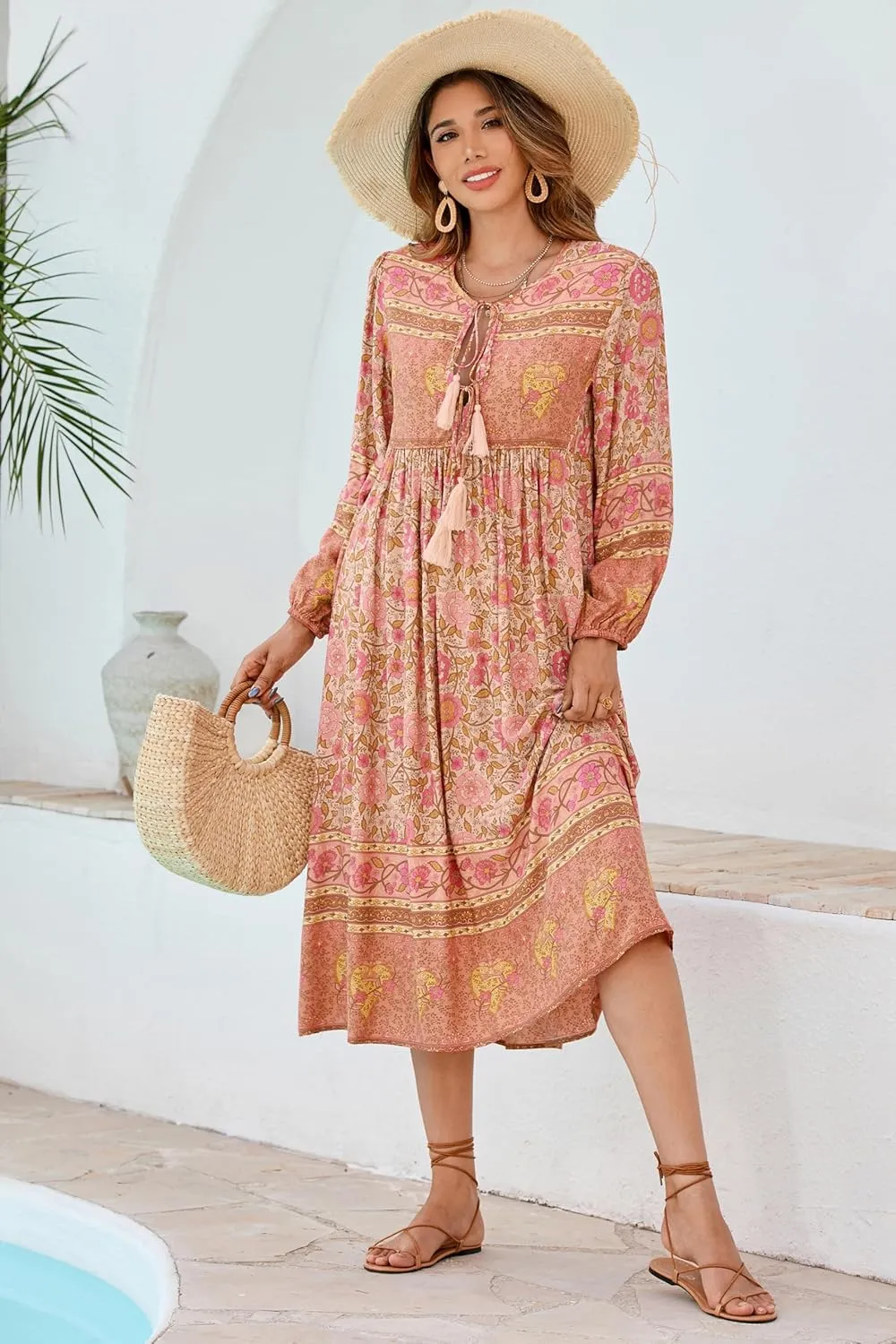 R.Vivimos Women's Long Sleeve Floral Print Retro V Neck Tassel Bohemian Midi Dresses