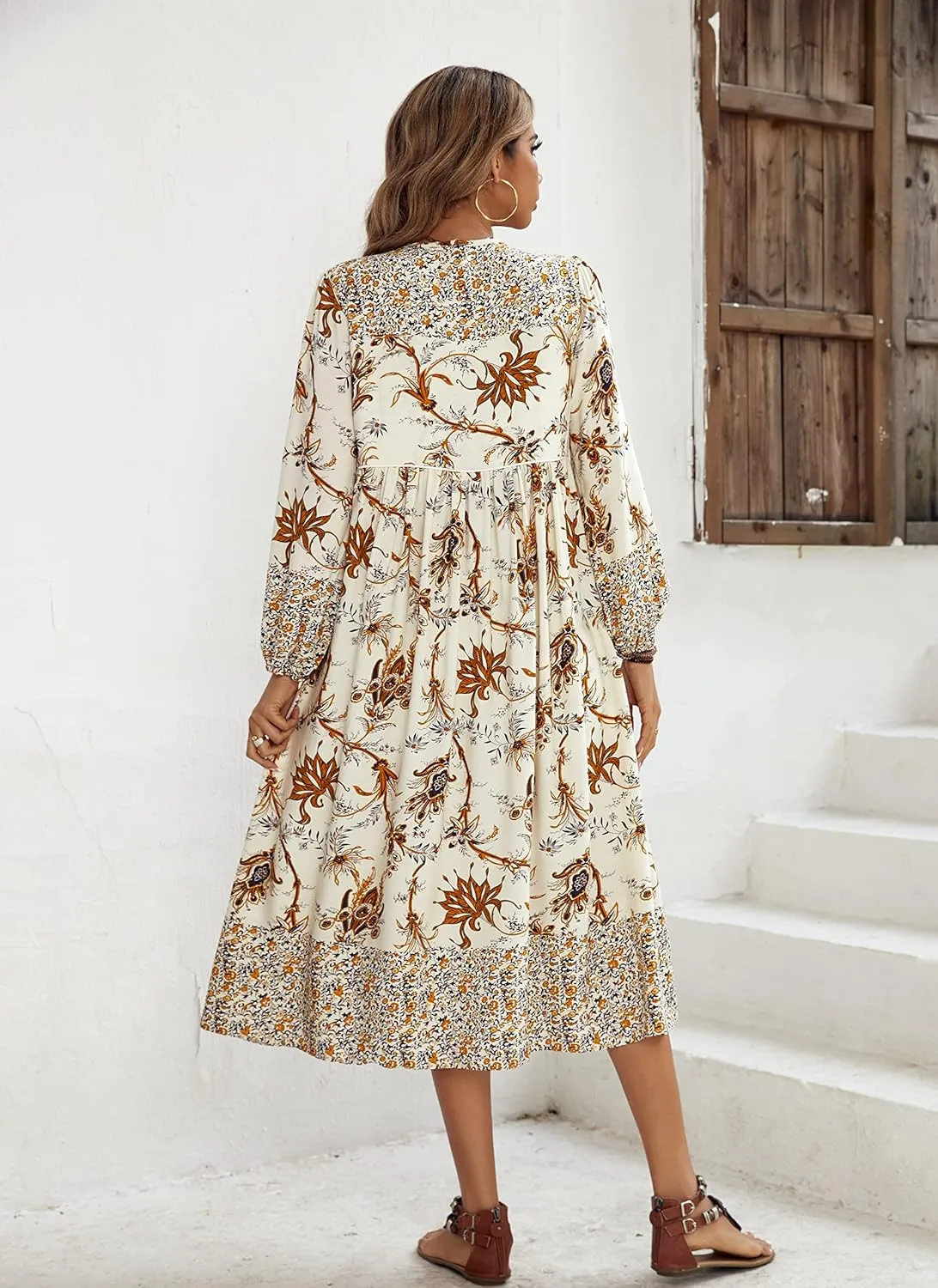 R.Vivimos Women's Long Sleeve Floral Print Retro V Neck Tassel Bohemian Midi Dresses