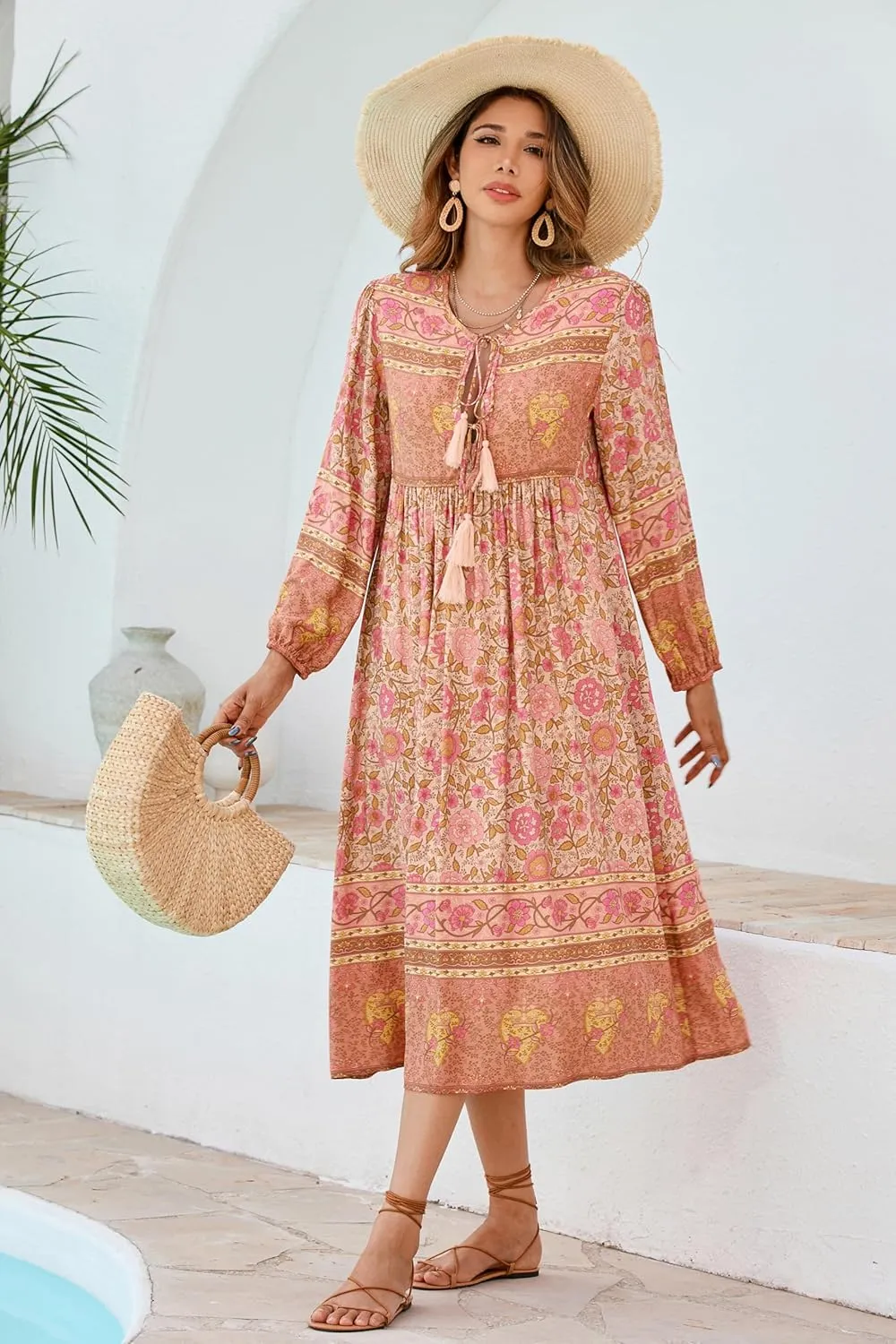 R.Vivimos Women's Long Sleeve Floral Print Retro V Neck Tassel Bohemian Midi Dresses