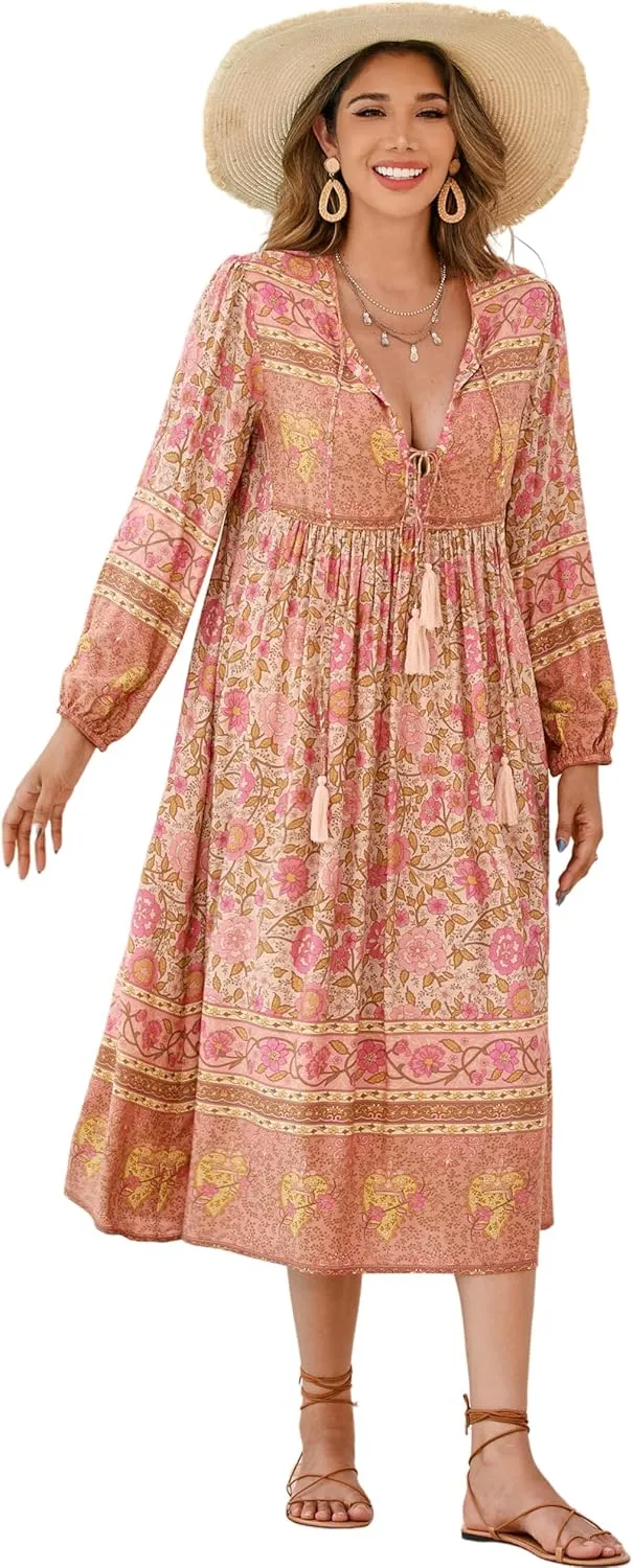 R.Vivimos Women's Long Sleeve Floral Print Retro V Neck Tassel Bohemian Midi Dresses