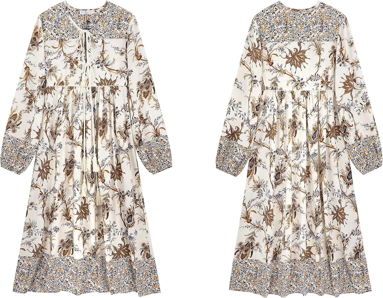 R.Vivimos Women's Long Sleeve Floral Print Retro V Neck Tassel Bohemian Midi Dresses