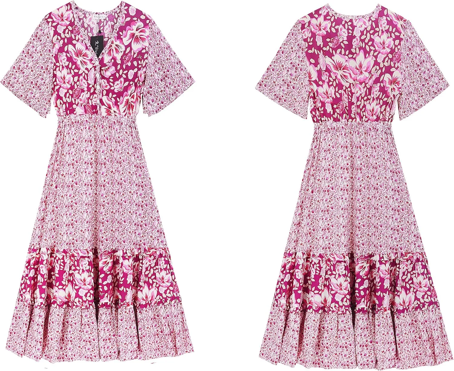 R.Vivimos Women's Short Sleeve V Neck Cotton Beach Floral Buttons Midi Dresses