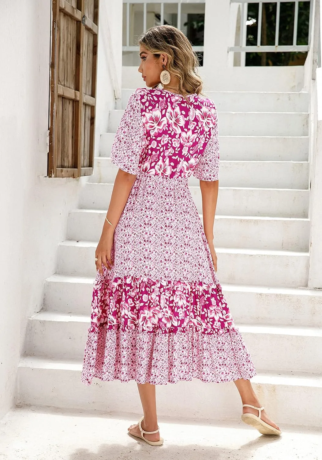 R.Vivimos Women's Short Sleeve V Neck Cotton Beach Floral Buttons Midi Dresses