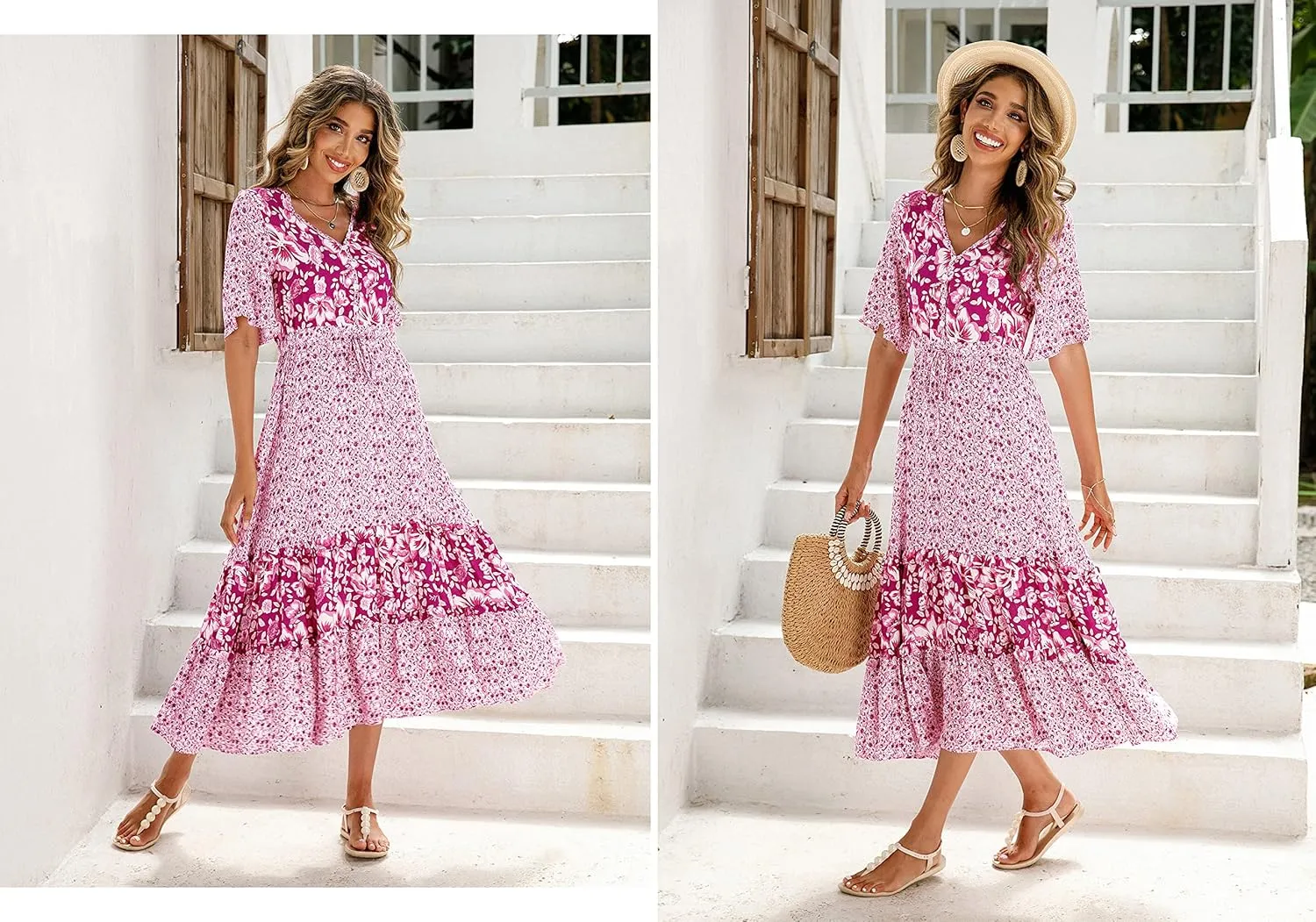 R.Vivimos Women's Short Sleeve V Neck Cotton Beach Floral Buttons Midi Dresses