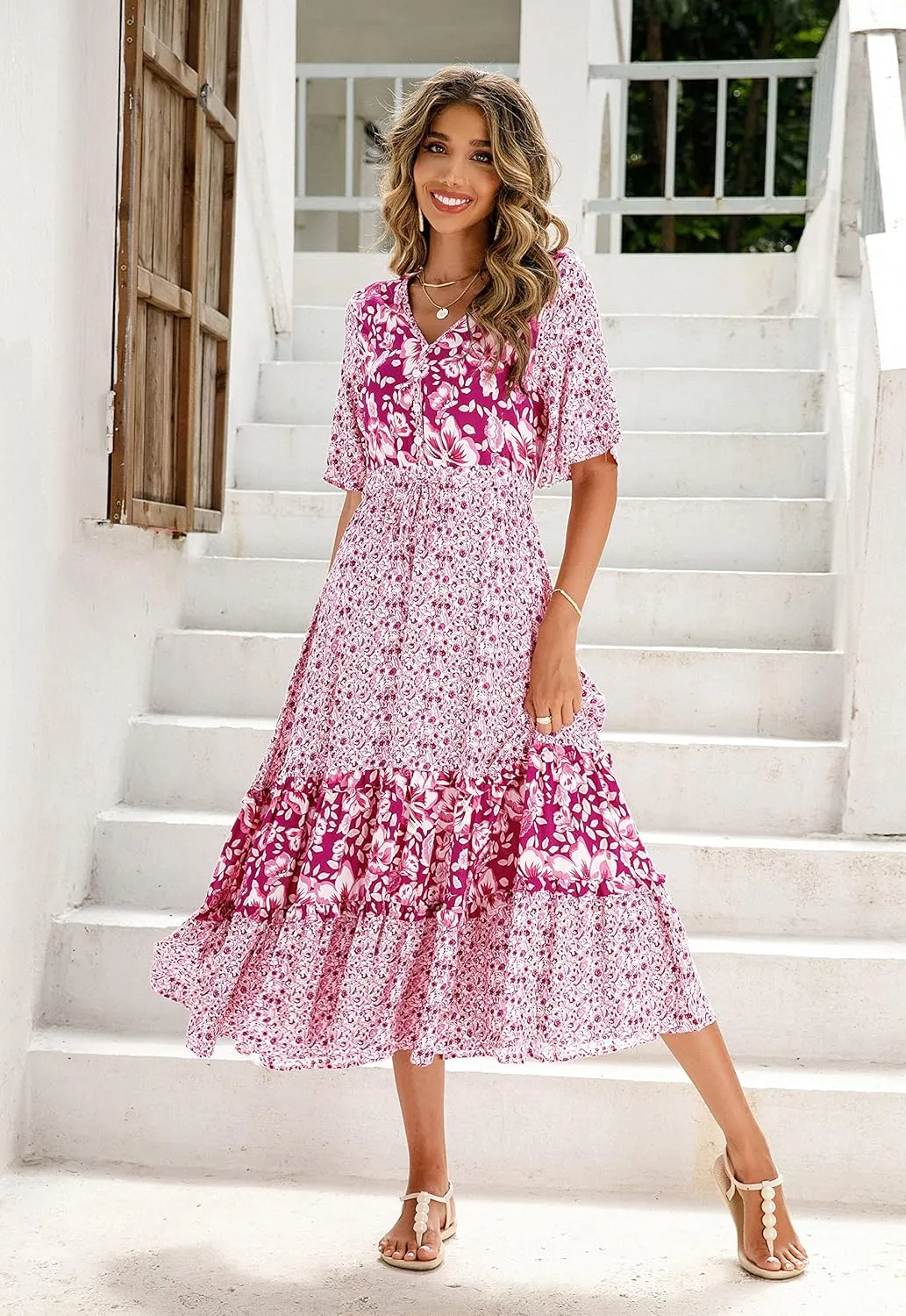 R.Vivimos Women's Short Sleeve V Neck Cotton Beach Floral Buttons Midi Dresses
