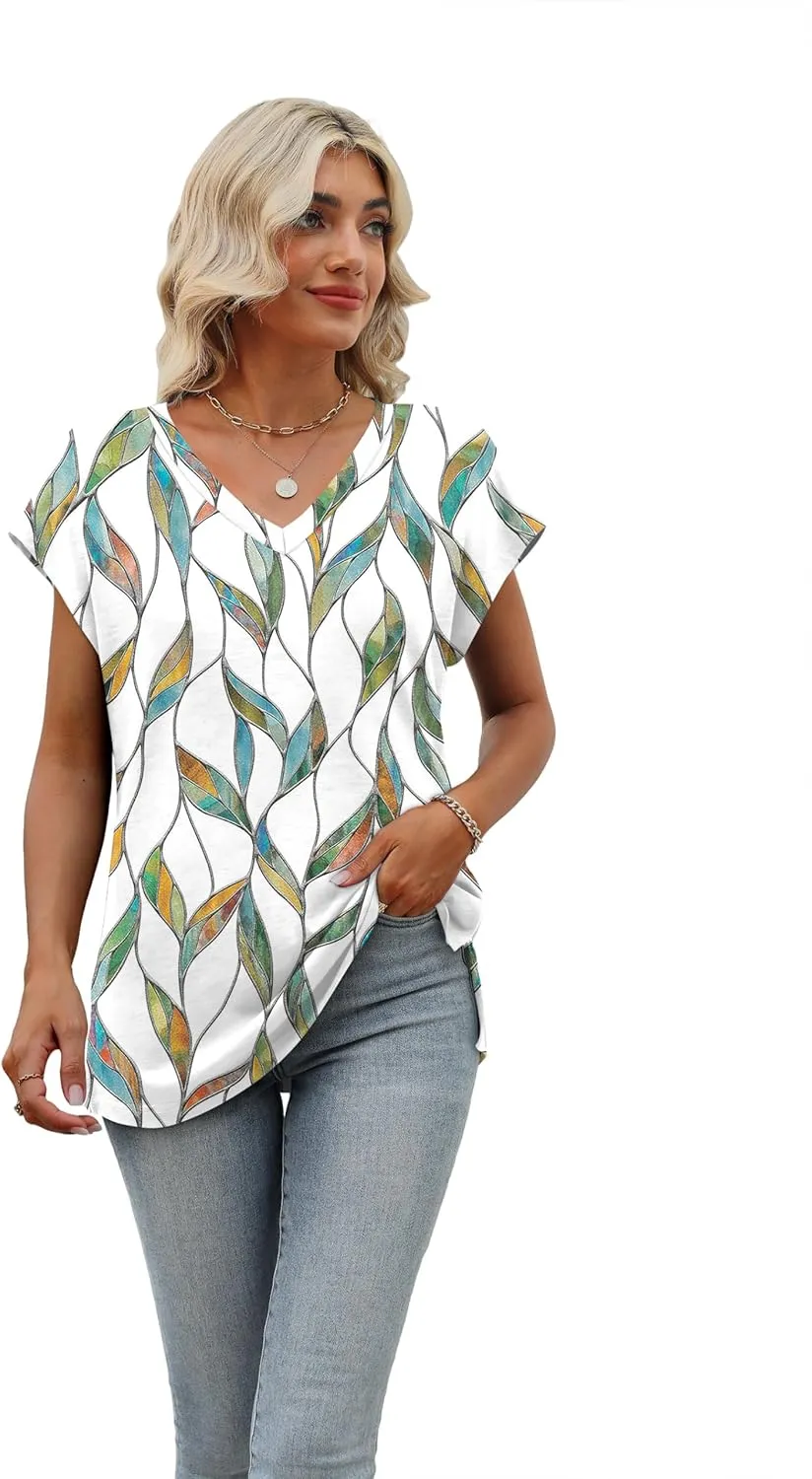 SAMPEEL Womens Summer Tops 2025 Cap Sleeve Trendy V Neck Loose Fit T Shirts
