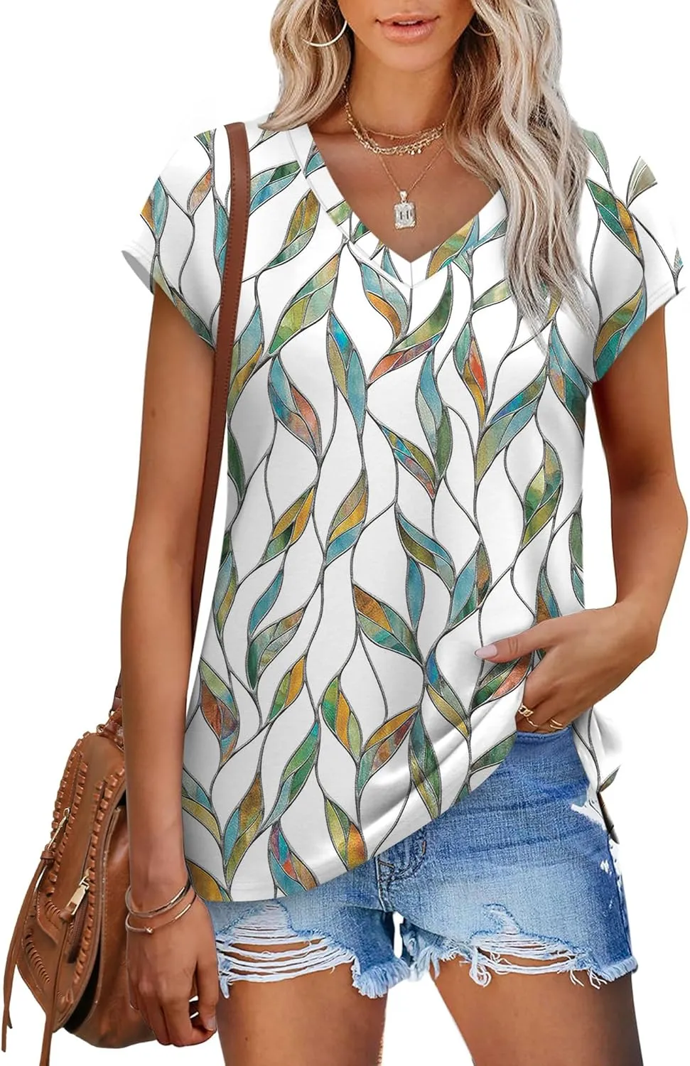 SAMPEEL Womens Summer Tops 2025 Cap Sleeve Trendy V Neck Loose Fit T Shirts
