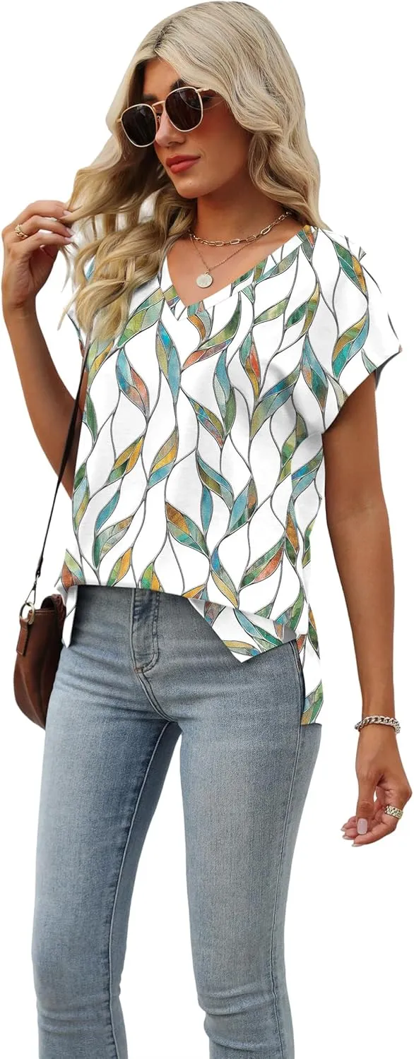 SAMPEEL Womens Summer Tops 2025 Cap Sleeve Trendy V Neck Loose Fit T Shirts