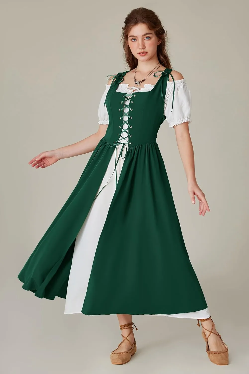 Scarlet Darkness Women Renaissance Dress Peasant Medieval Dress Short Sleeve Maxi Dress
