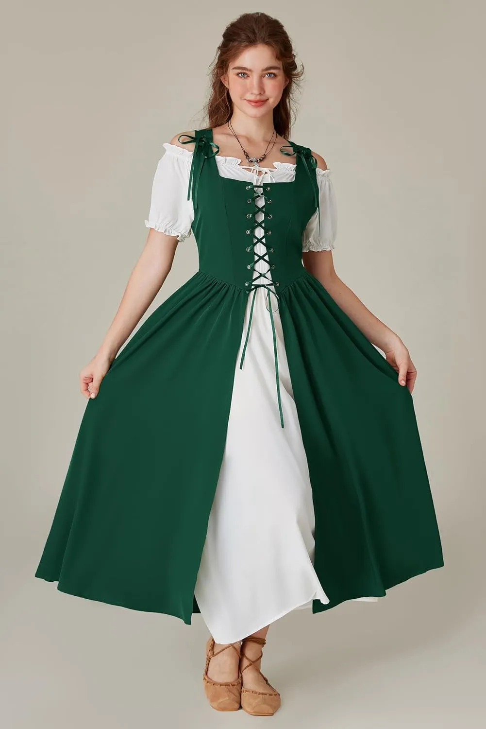 Scarlet Darkness Women Renaissance Dress Peasant Medieval Dress Short Sleeve Maxi Dress