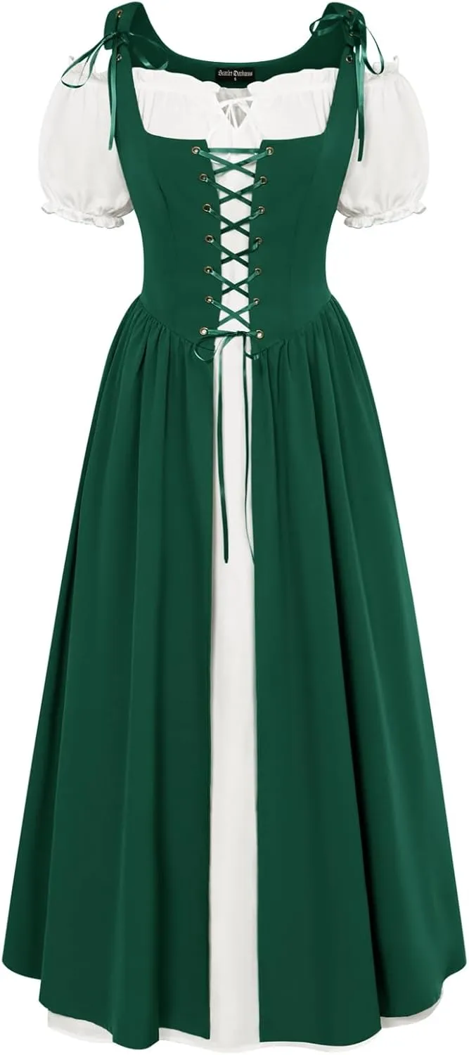 Scarlet Darkness Women Renaissance Dress Peasant Medieval Dress Short Sleeve Maxi Dress