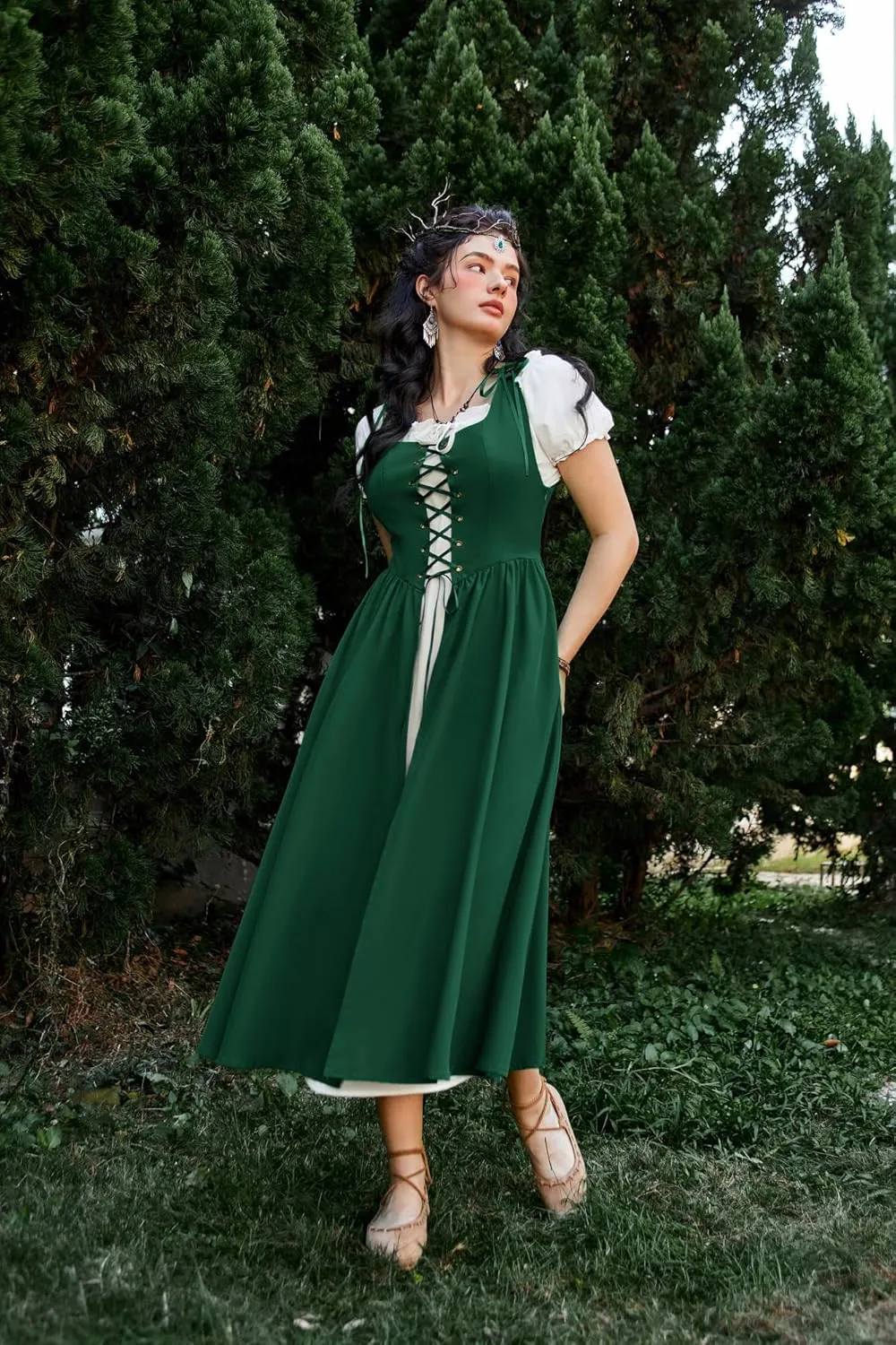 Scarlet Darkness Women Renaissance Dress Peasant Medieval Dress Short Sleeve Maxi Dress