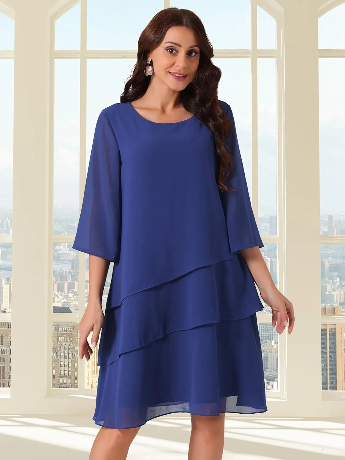 Seta T Women's Chiffon Dresses 3/4 Bell Sleeve Crewneck Tiered Layered Flowy Dress Party Wedding Outfits