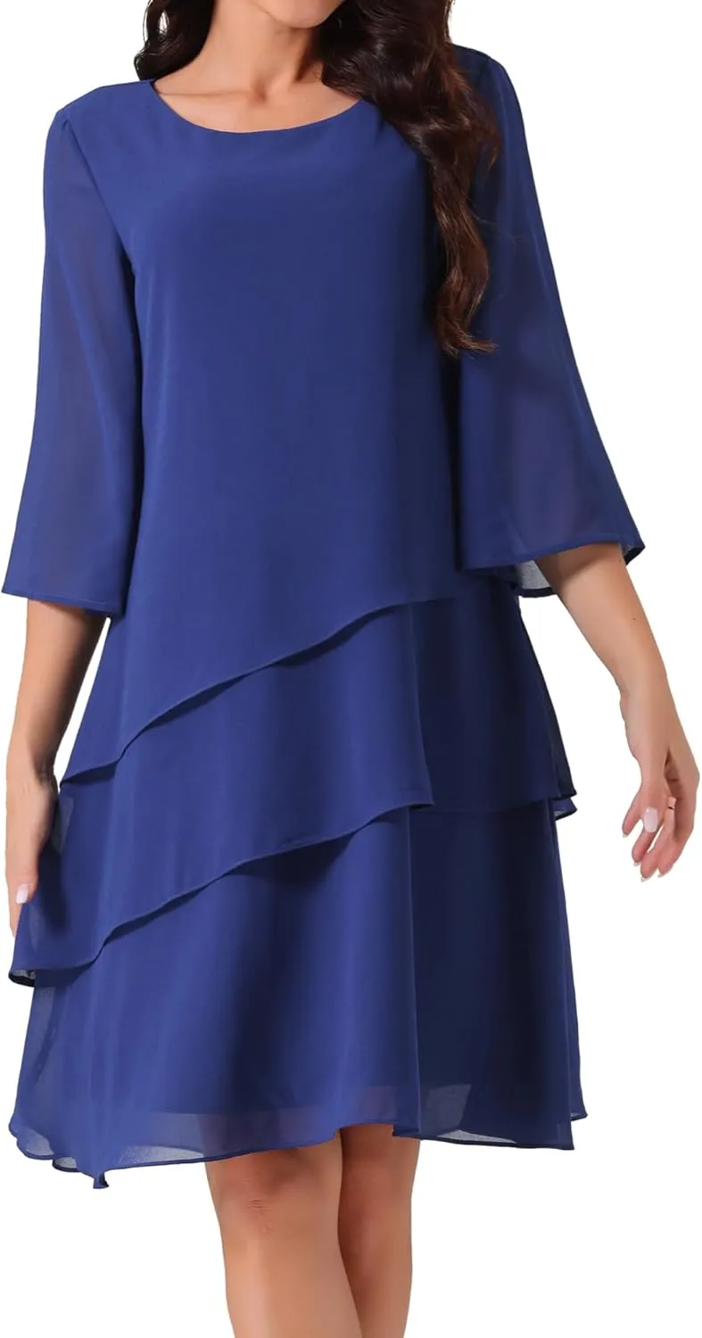 Seta T Women's Chiffon Dresses 3/4 Bell Sleeve Crewneck Tiered Layered Flowy Dress Party Wedding Outfits