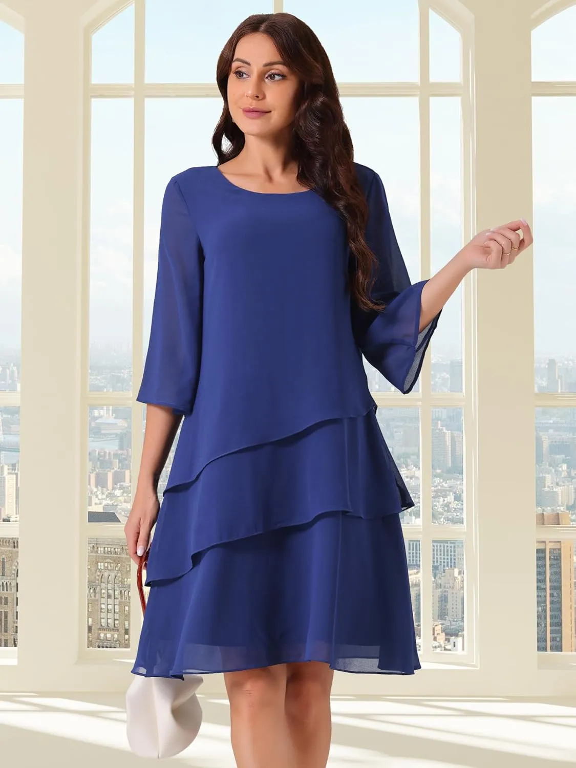 Seta T Women's Chiffon Dresses 3/4 Bell Sleeve Crewneck Tiered Layered Flowy Dress Party Wedding Outfits
