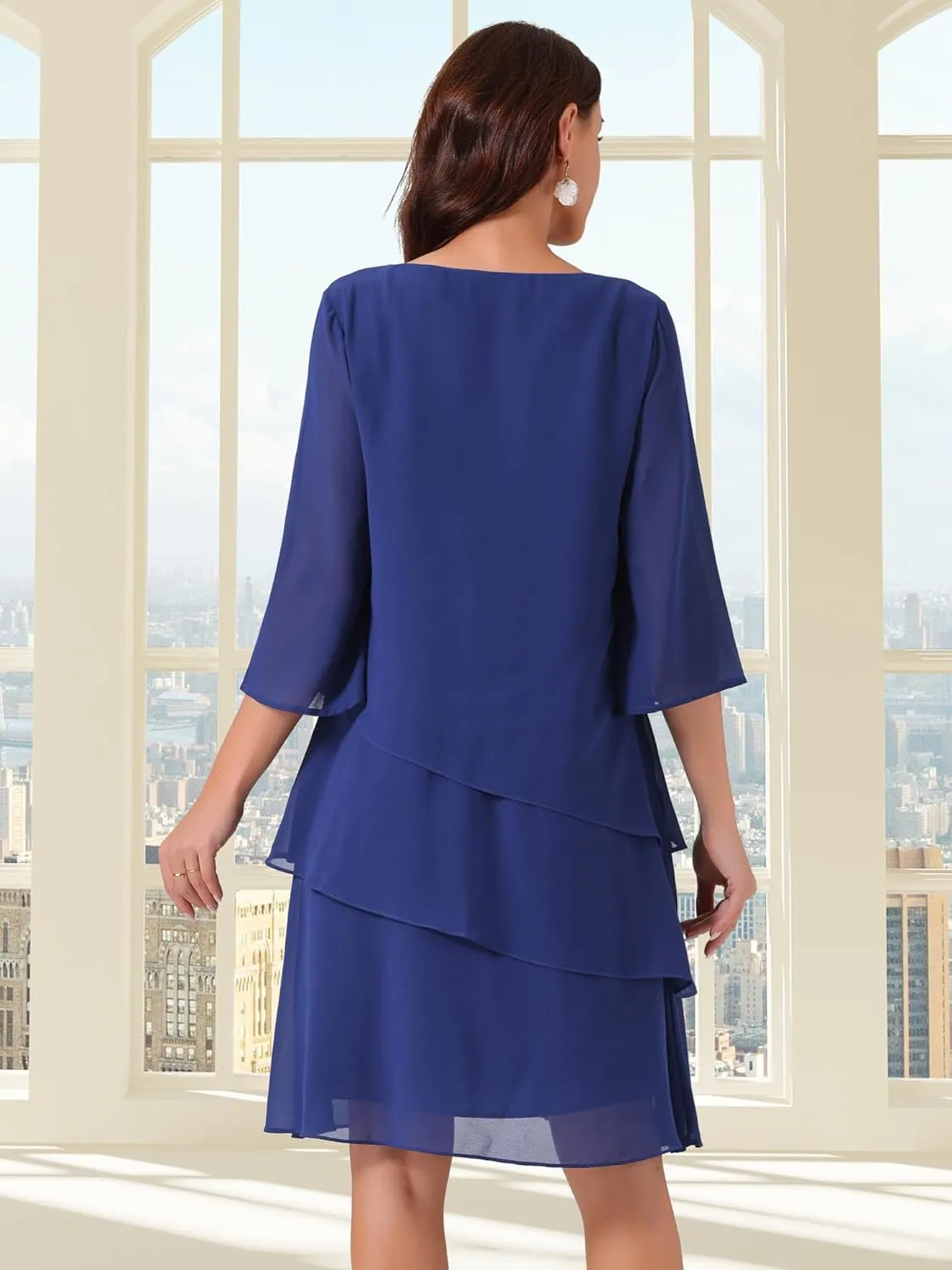 Seta T Women's Chiffon Dresses 3/4 Bell Sleeve Crewneck Tiered Layered Flowy Dress Party Wedding Outfits