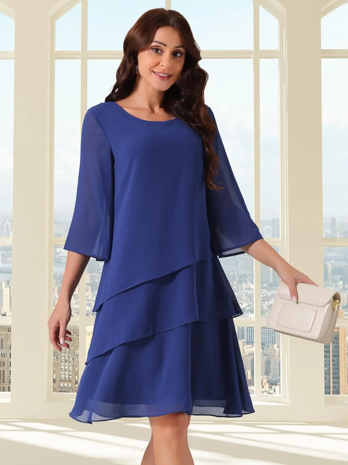 Seta T Women's Chiffon Dresses 3/4 Bell Sleeve Crewneck Tiered Layered Flowy Dress Party Wedding Outfits
