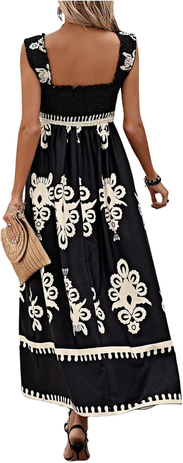 SHENHE Women's Smocked Sleeveless Flowy Tribal Print Summer Boho Vacation Maxi Dress