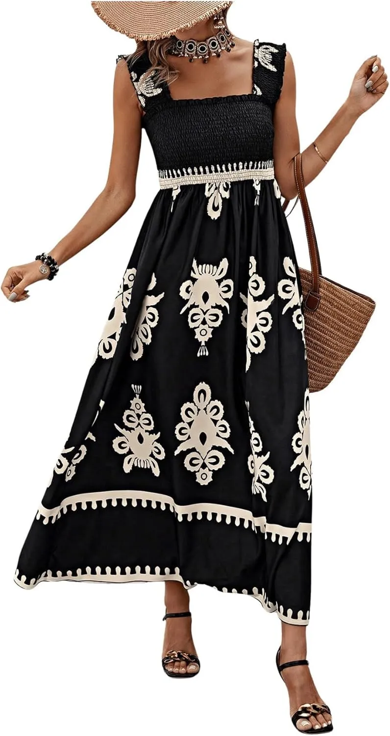 SHENHE Women's Smocked Sleeveless Flowy Tribal Print Summer Boho Vacation Maxi Dress