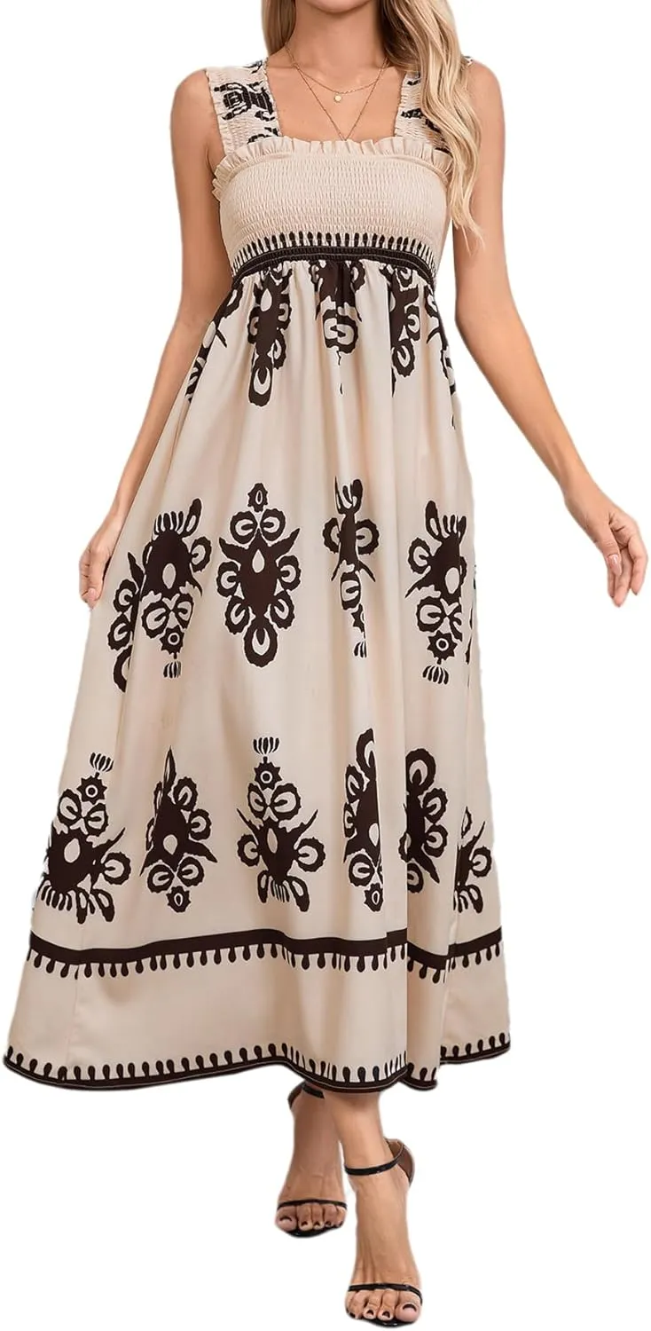 SHENHE Women's Smocked Sleeveless Flowy Tribal Print Summer Boho Vacation Maxi Dress