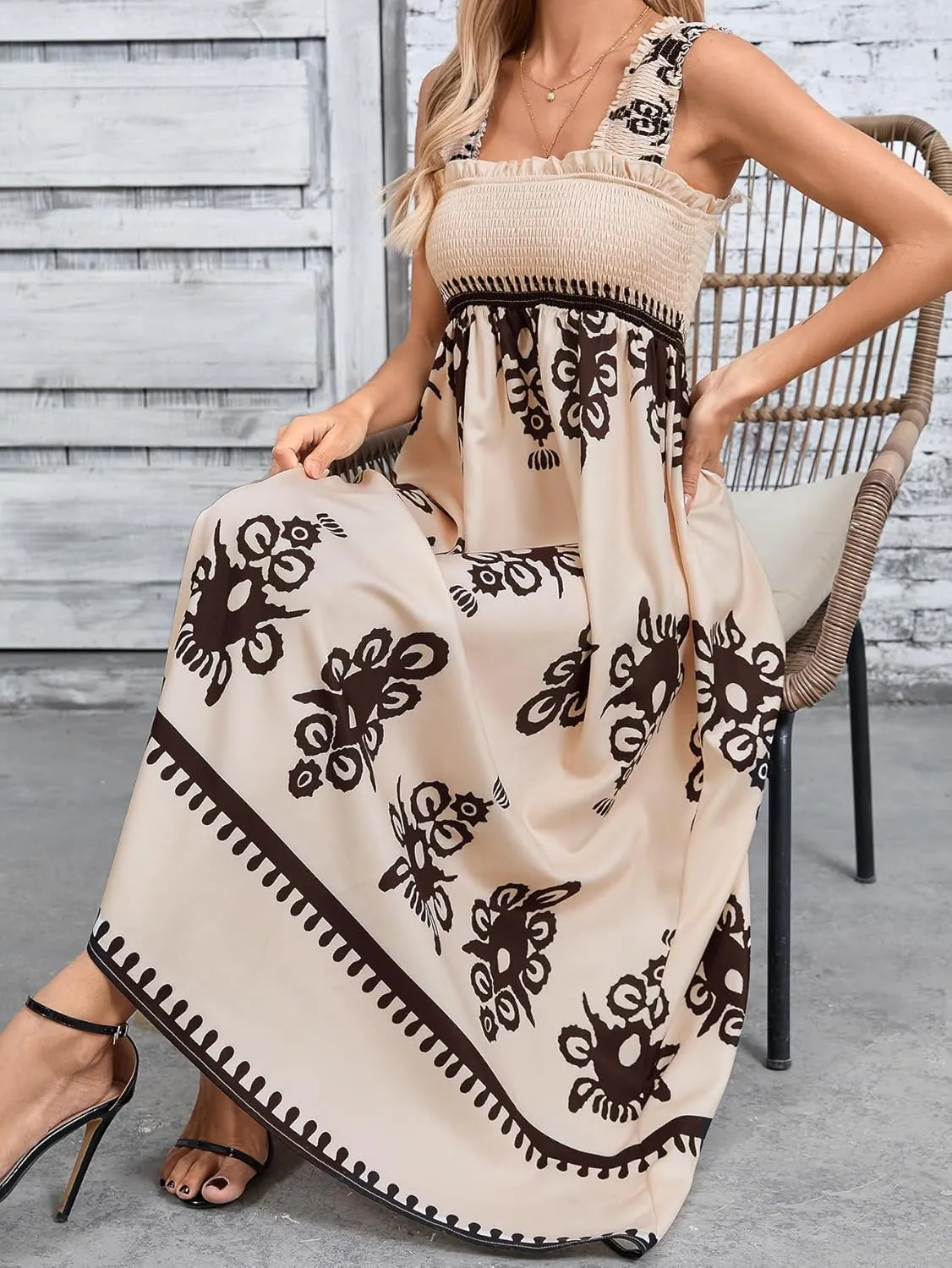 SHENHE Women's Smocked Sleeveless Flowy Tribal Print Summer Boho Vacation Maxi Dress