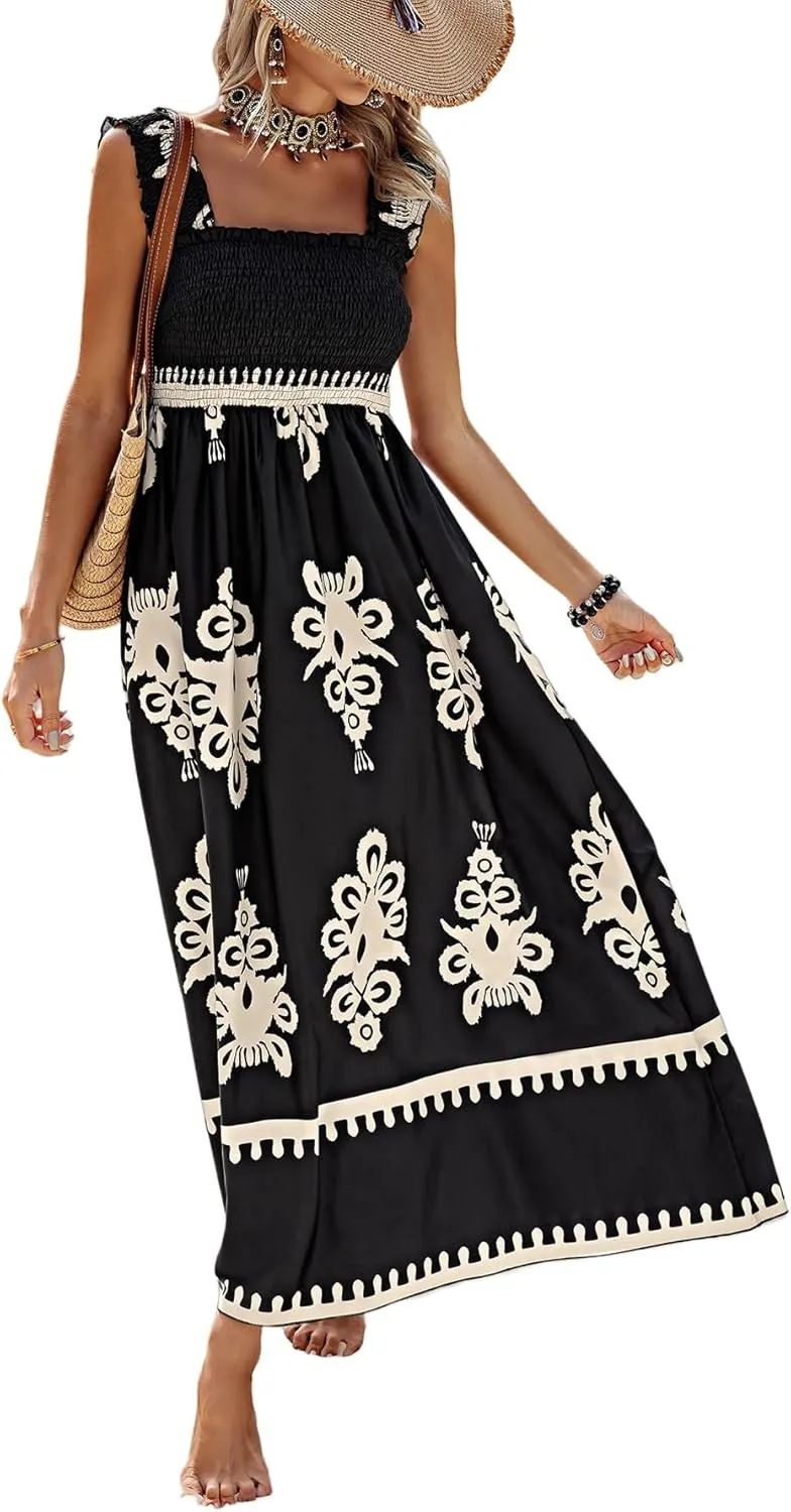 SHENHE Women's Smocked Sleeveless Flowy Tribal Print Summer Boho Vacation Maxi Dress