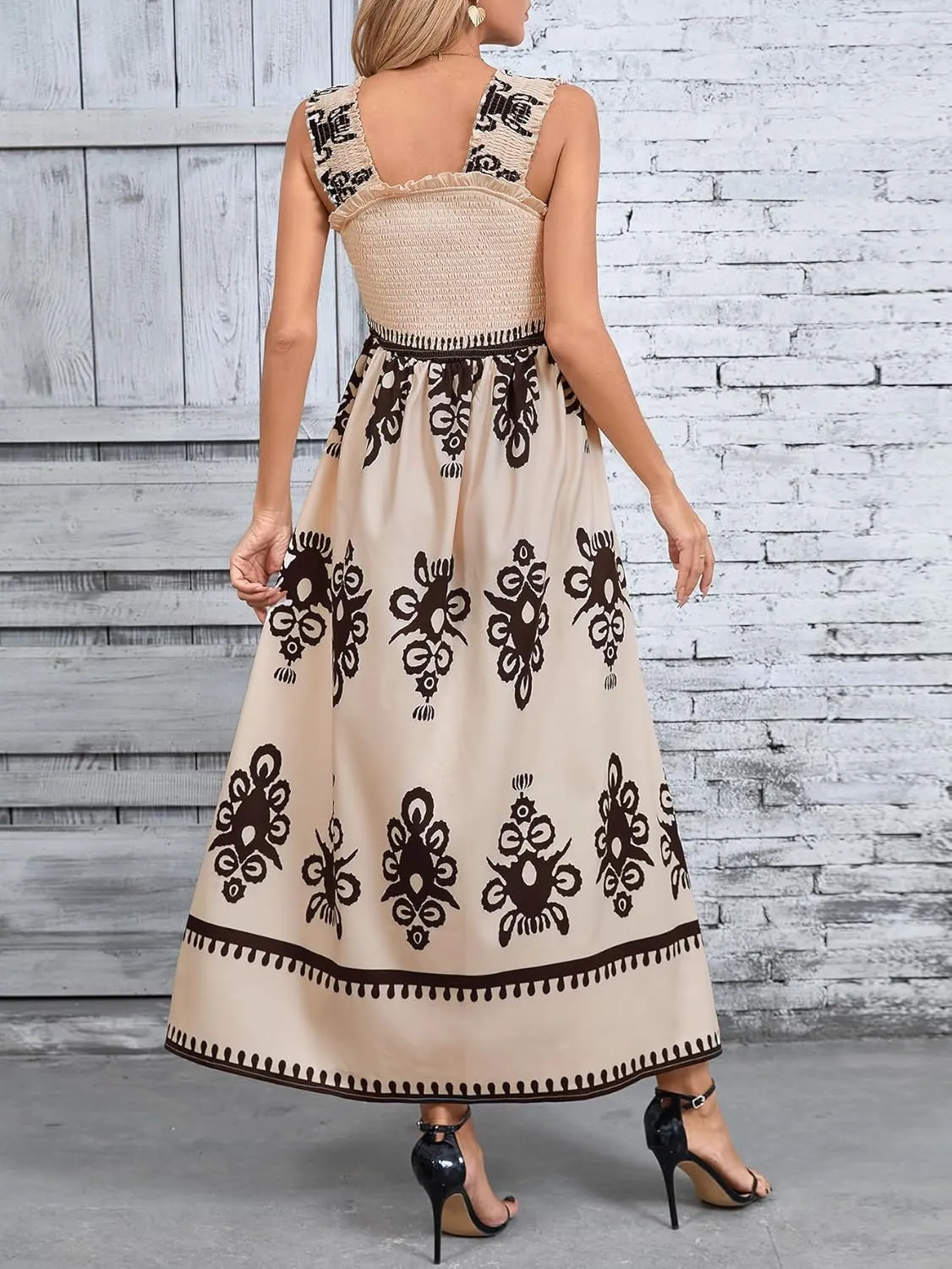 SHENHE Women's Smocked Sleeveless Flowy Tribal Print Summer Boho Vacation Maxi Dress