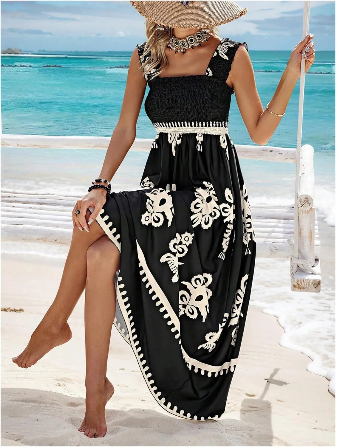 SHENHE Women's Smocked Sleeveless Flowy Tribal Print Summer Boho Vacation Maxi Dress