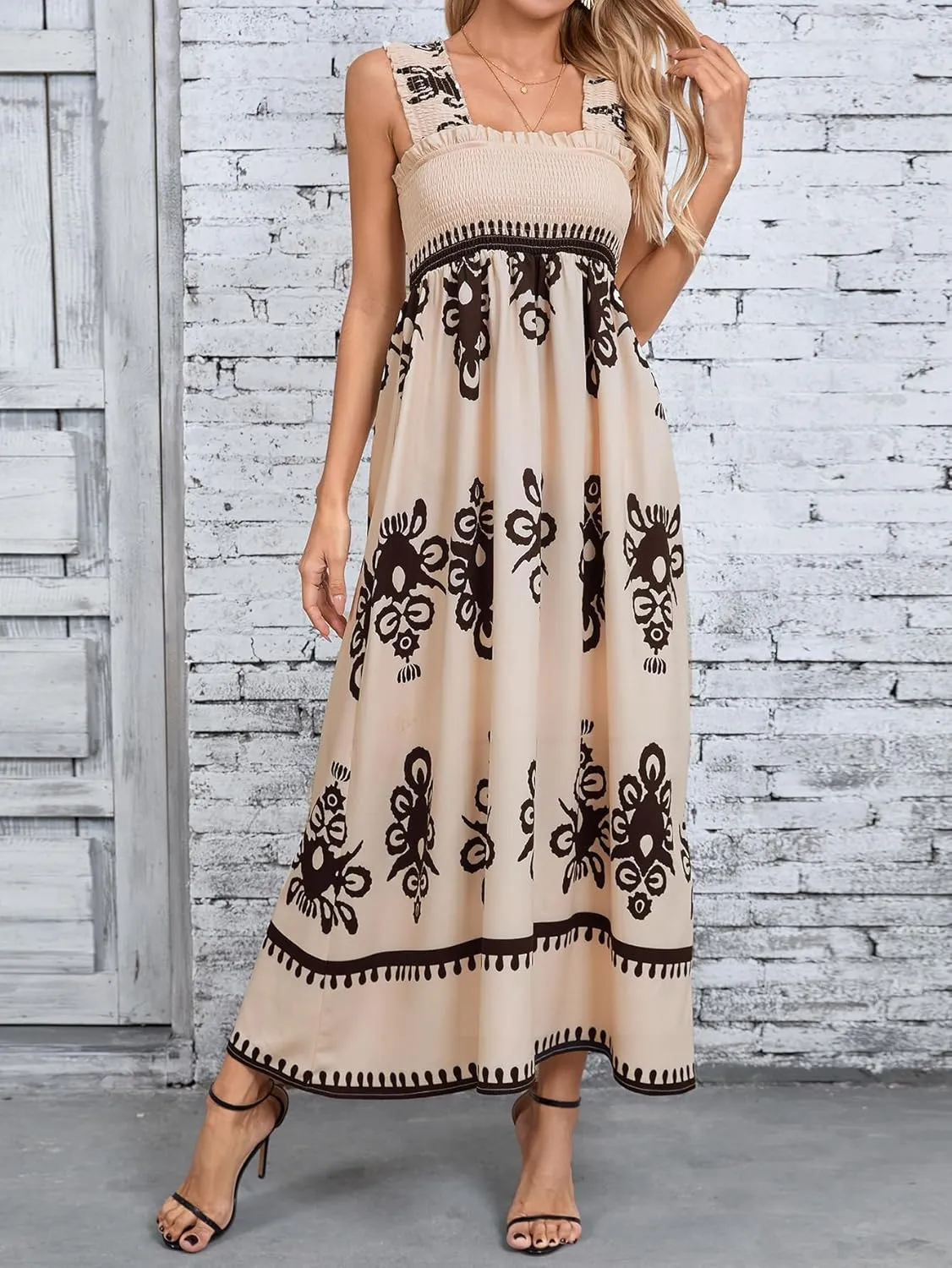 SHENHE Women's Smocked Sleeveless Flowy Tribal Print Summer Boho Vacation Maxi Dress