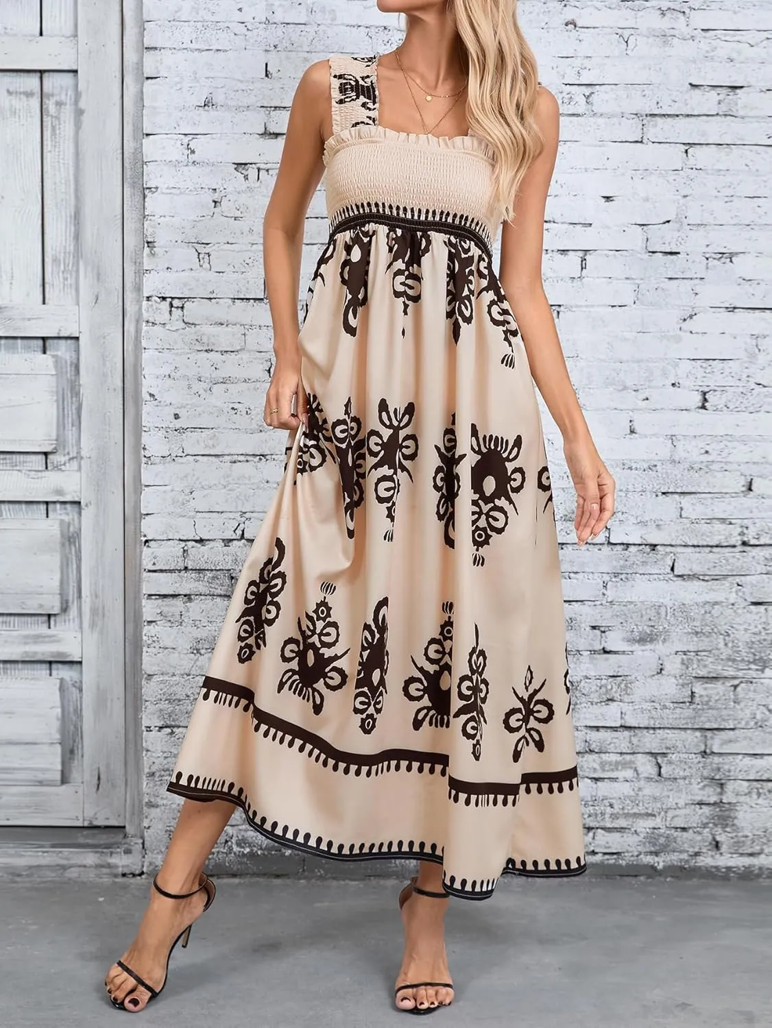 SHENHE Women's Smocked Sleeveless Flowy Tribal Print Summer Boho Vacation Maxi Dress