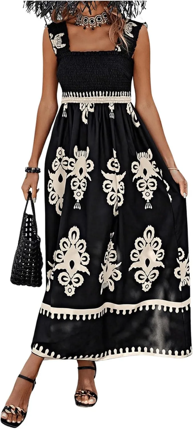 SHENHE Women's Smocked Sleeveless Flowy Tribal Print Summer Boho Vacation Maxi Dress