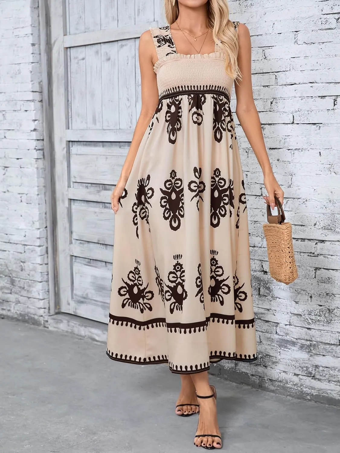 SHENHE Women's Smocked Sleeveless Flowy Tribal Print Summer Boho Vacation Maxi Dress