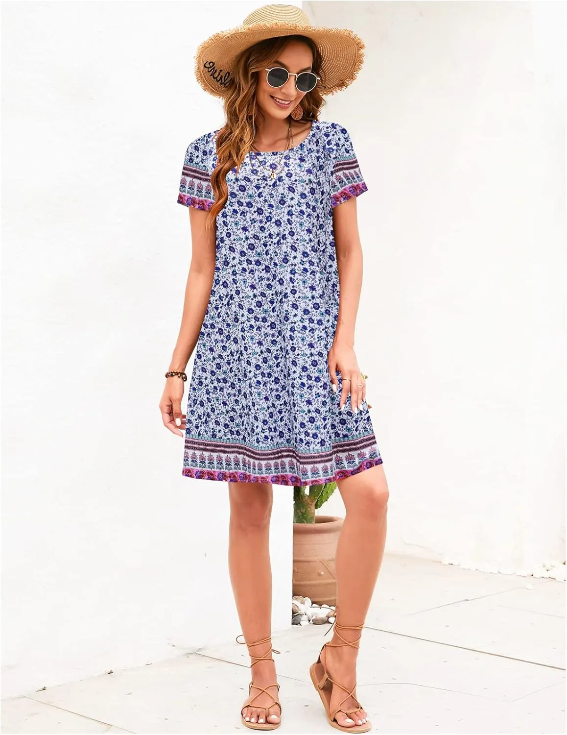 Sherosa Women's Summer Dresses 2025 Beach Boho Sundress Short Sleeve Loose Casual Tshirt Dress with Pockets