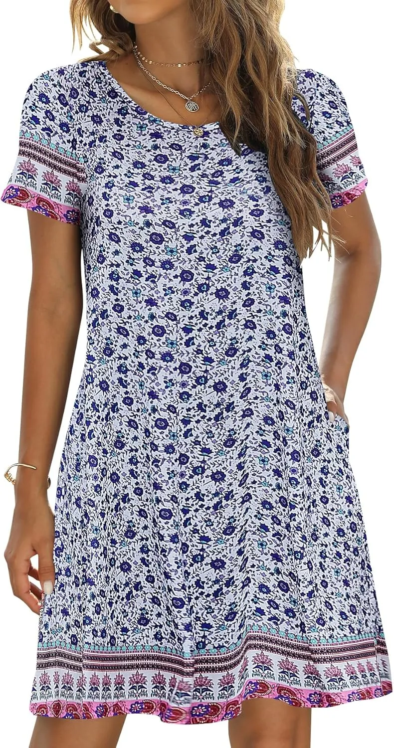 Sherosa Women's Summer Dresses 2025 Beach Boho Sundress Short Sleeve Loose Casual Tshirt Dress with Pockets