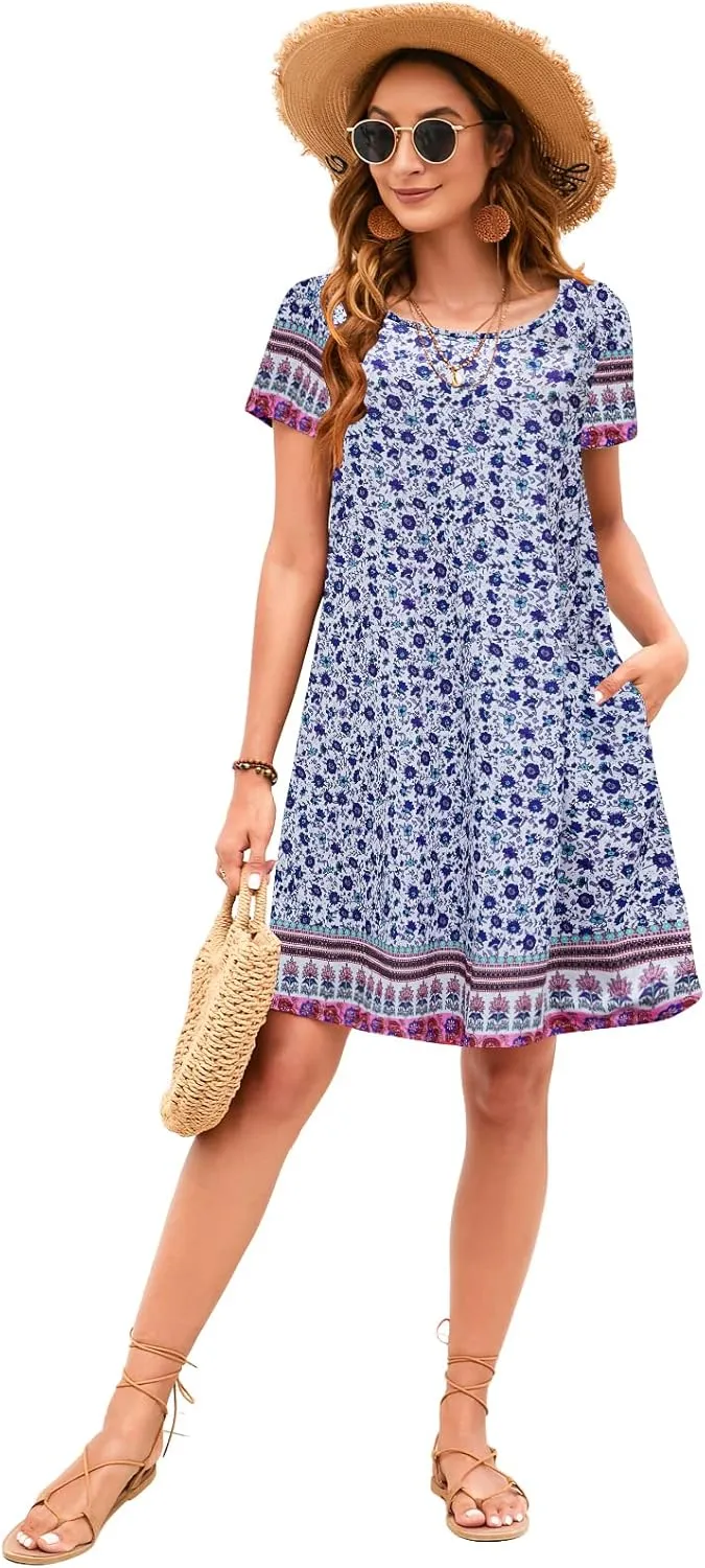 Sherosa Women's Summer Dresses 2025 Beach Boho Sundress Short Sleeve Loose Casual Tshirt Dress with Pockets