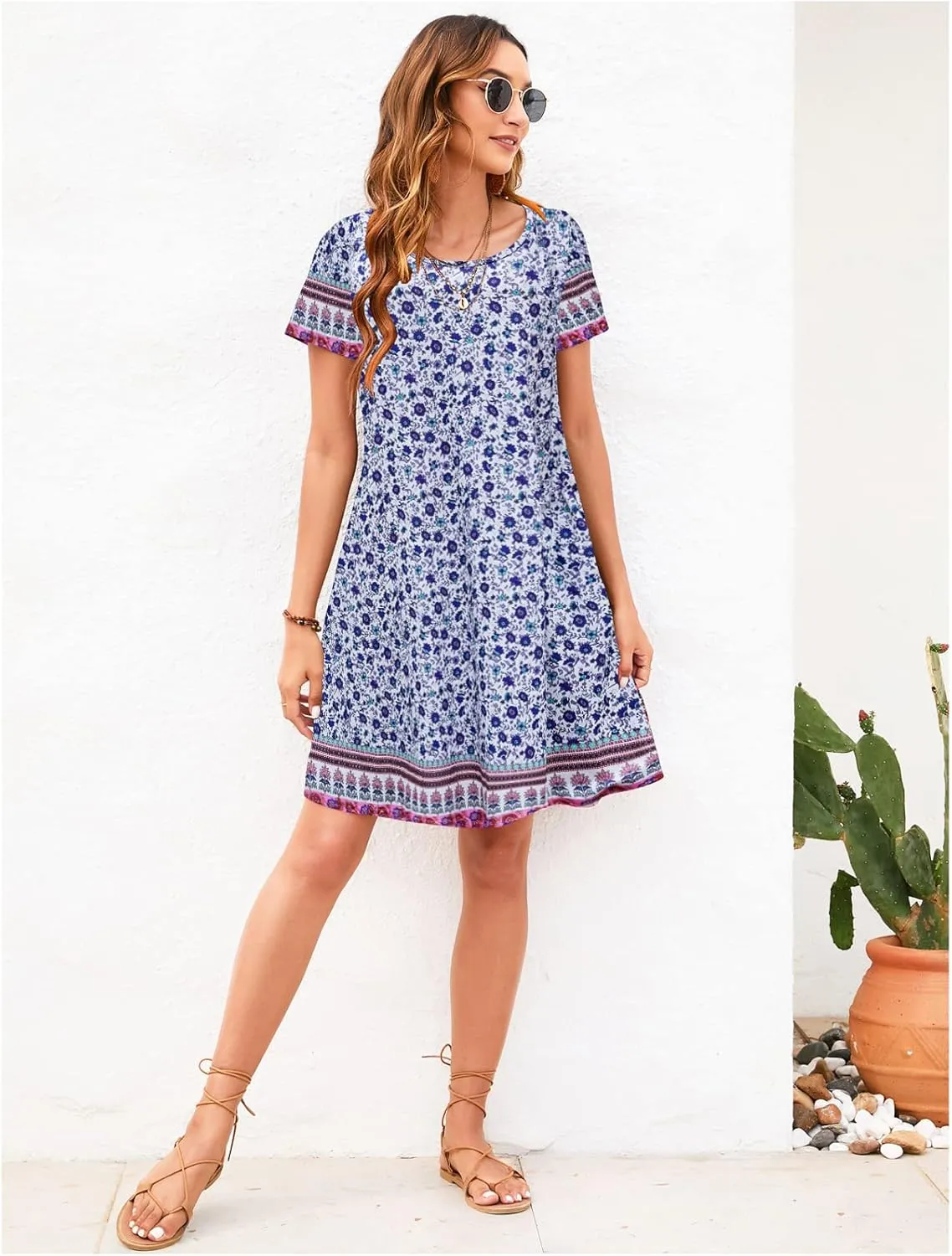 Sherosa Women's Summer Dresses 2025 Beach Boho Sundress Short Sleeve Loose Casual Tshirt Dress with Pockets